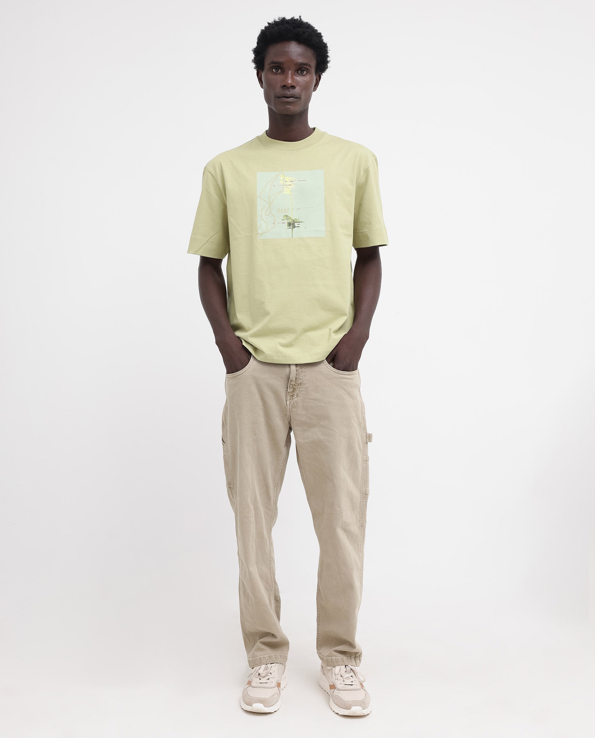 Rare Rabbit Articale Mens Luca Light Green Cotton Polyester Fabric Short Sleeve Crew Neck Oversized Fit Graphic Printed T-Shirt