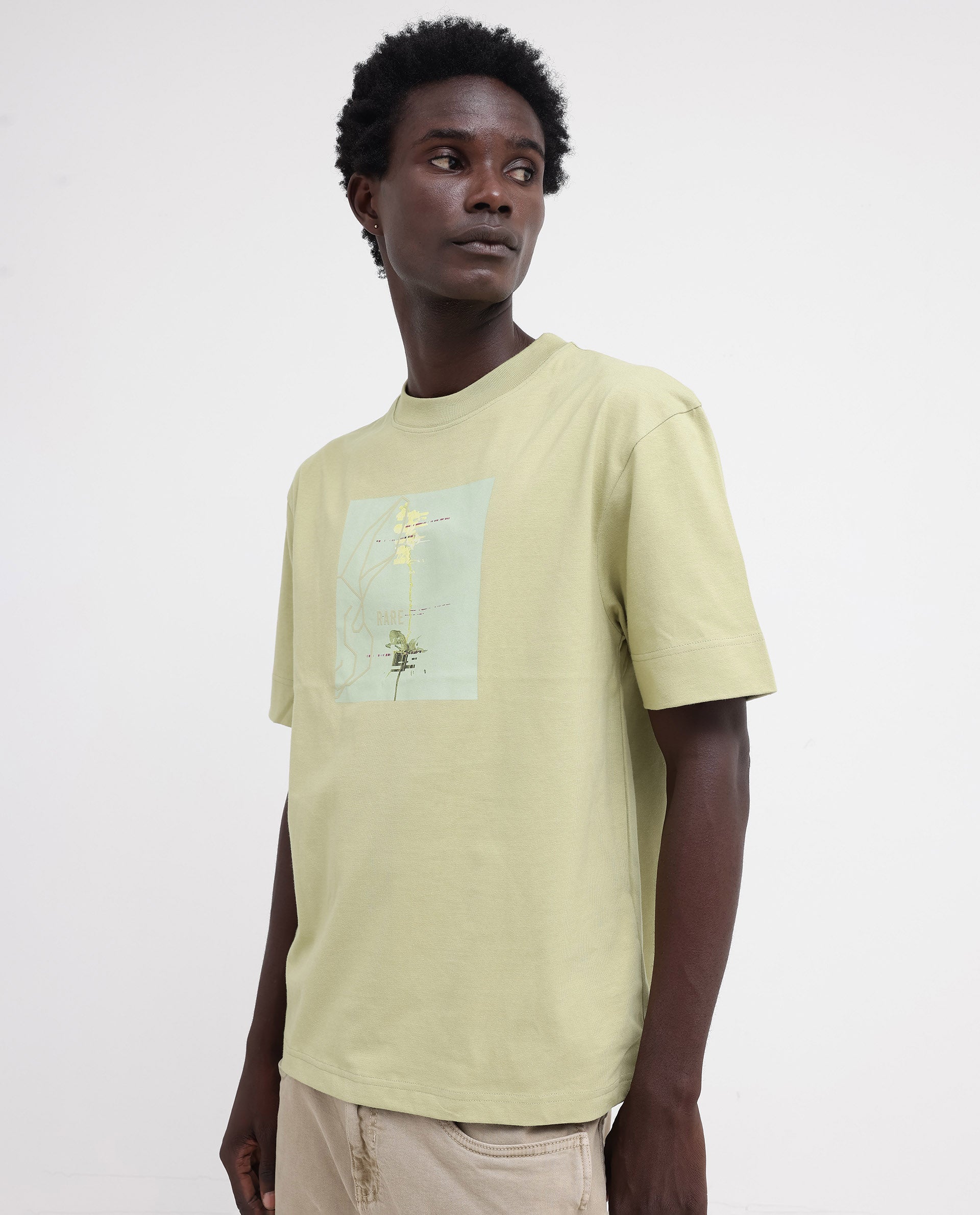 Rare Rabbit Articale Mens Luca Light Green Cotton Polyester Fabric Short Sleeve Crew Neck Oversized Fit Graphic Printed T-Shirt