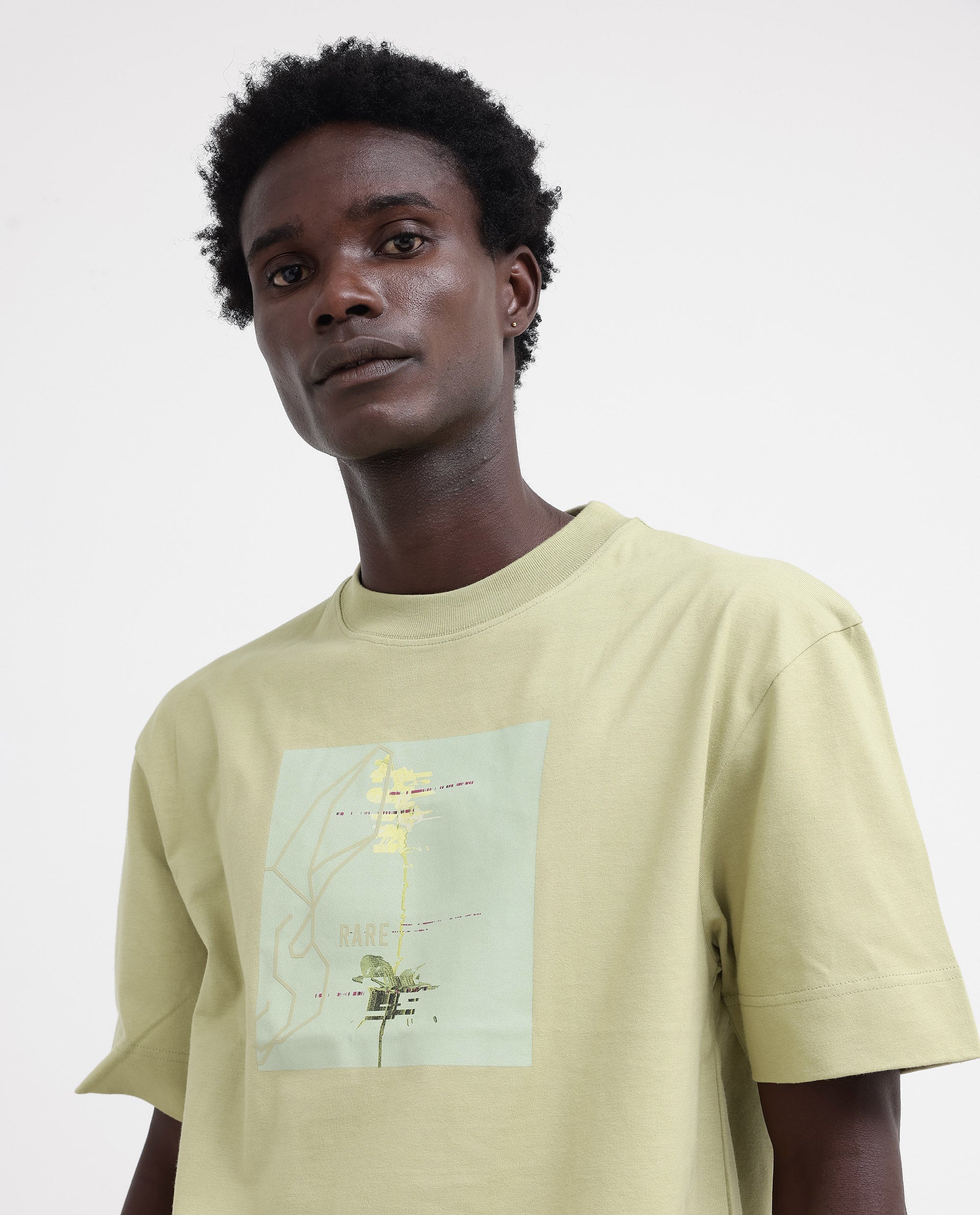 Rare Rabbit Articale Mens Luca Light Green Cotton Polyester Fabric Short Sleeve Crew Neck Oversized Fit Graphic Printed T-Shirt