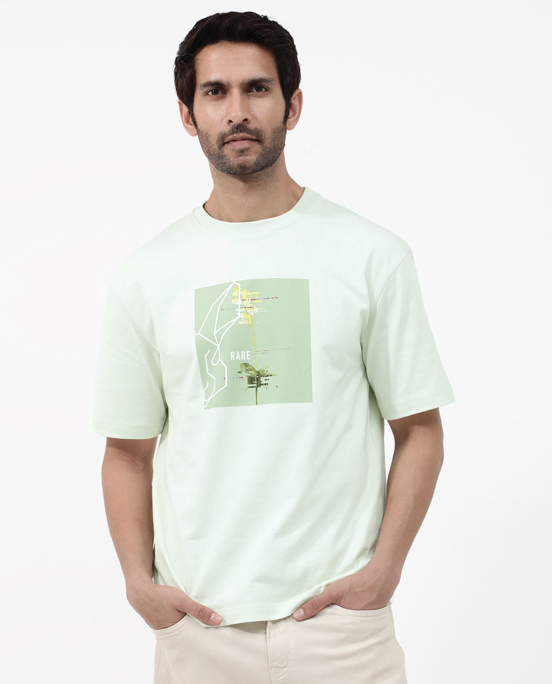 Rare Rabbit Articale Mens Luca Pastel Green Cotton Polyester Fabric Short Sleeve Crew Neck Oversized Fit Graphic Printed T-Shirt