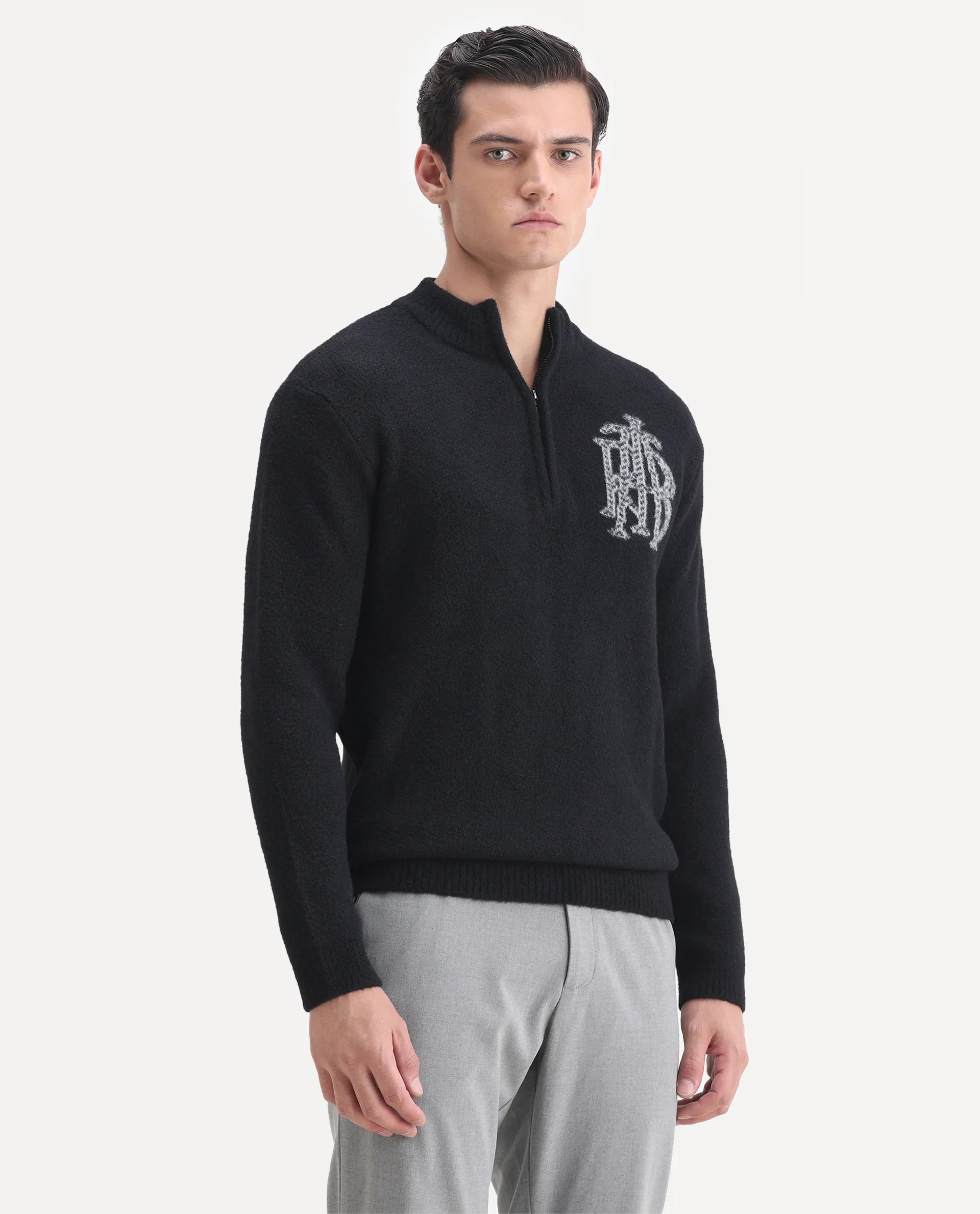 Rare Rabbit Men's Luca Black Nylon Fabric Full Sleeve High Neck Monogram Print Sweater