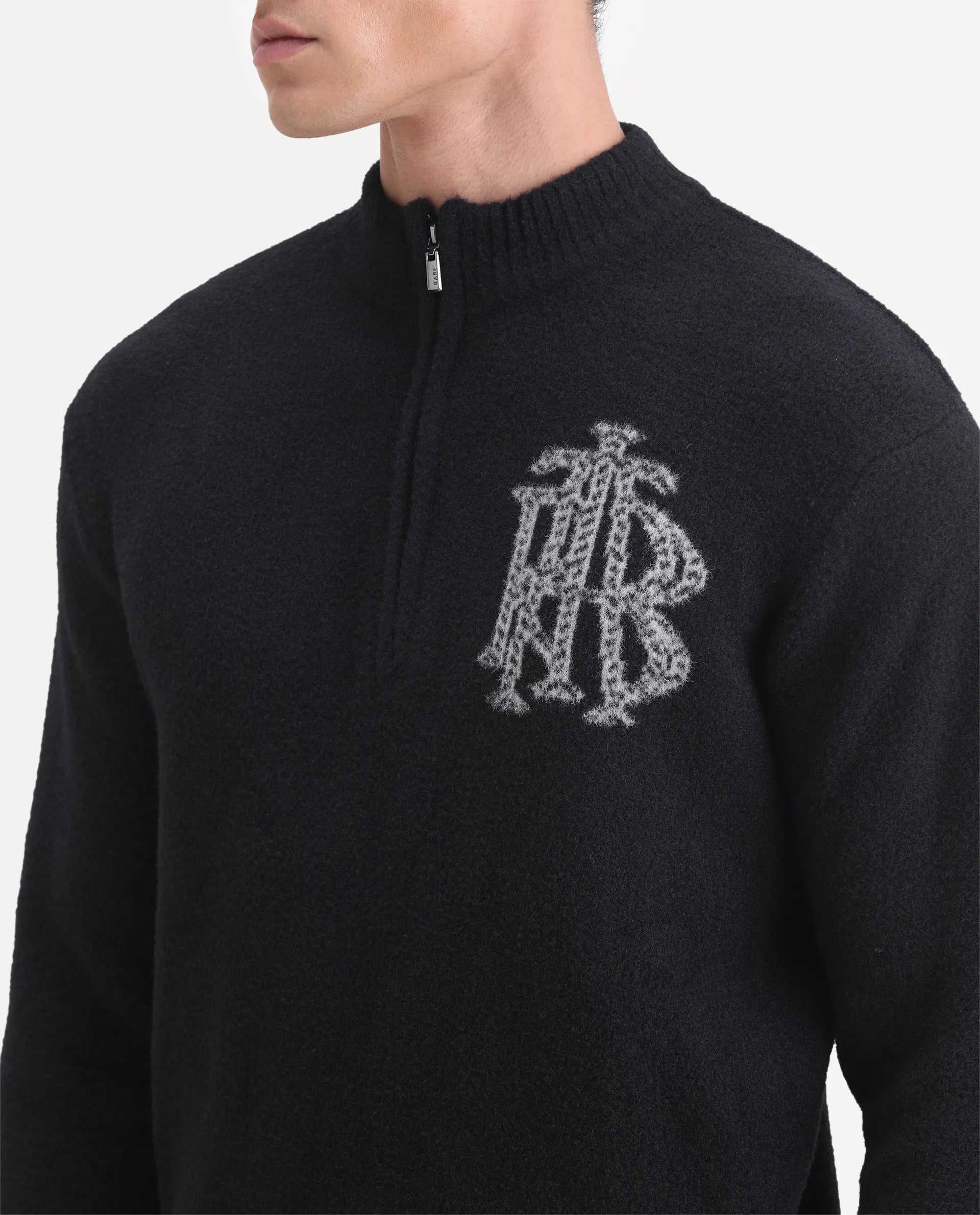 Rare Rabbit Men's Luca Black Nylon Fabric Full Sleeve High Neck Monogram Print Sweater