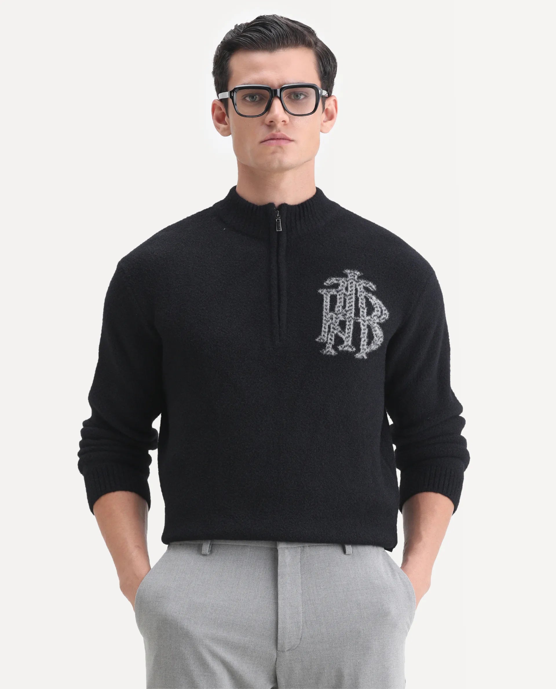 Rare Rabbit Men's Luca Black Nylon Fabric Full Sleeve High Neck Monogram Print Sweater