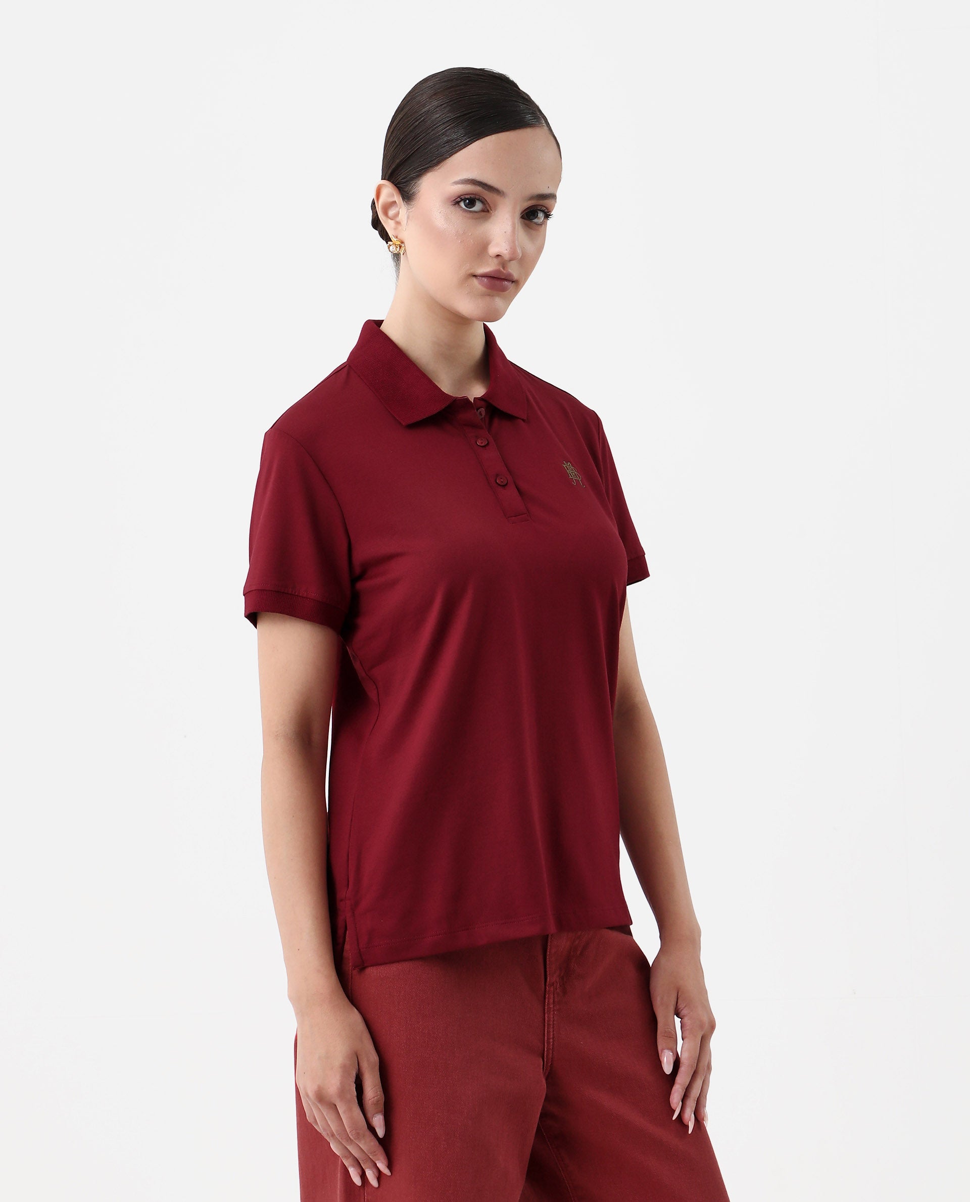 Rareism Women's Lugano Maroon Cotton Blend Polo Neck Plain Regular Fit Polo