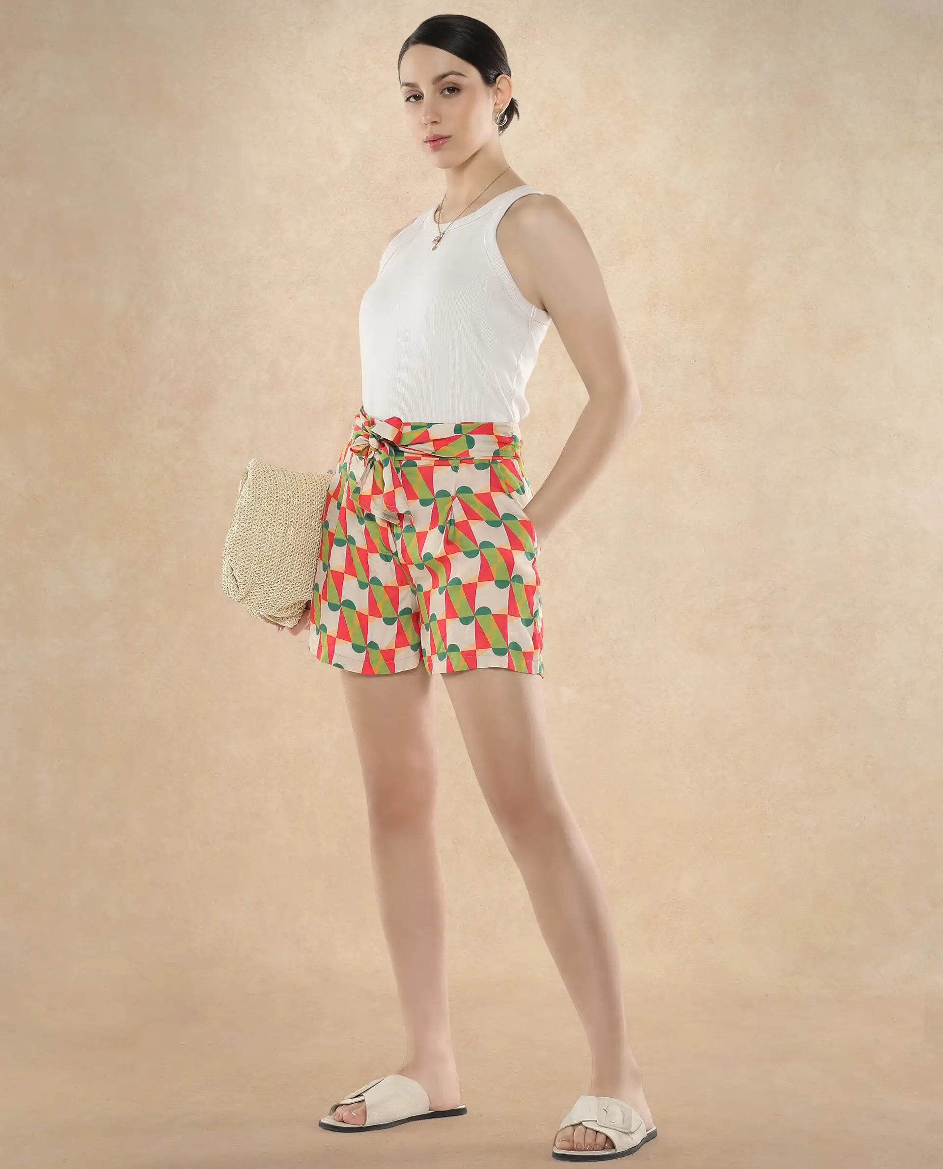 Rareism Women Lucca Multi Cotton Fabric Geometric Print Mini Shorts