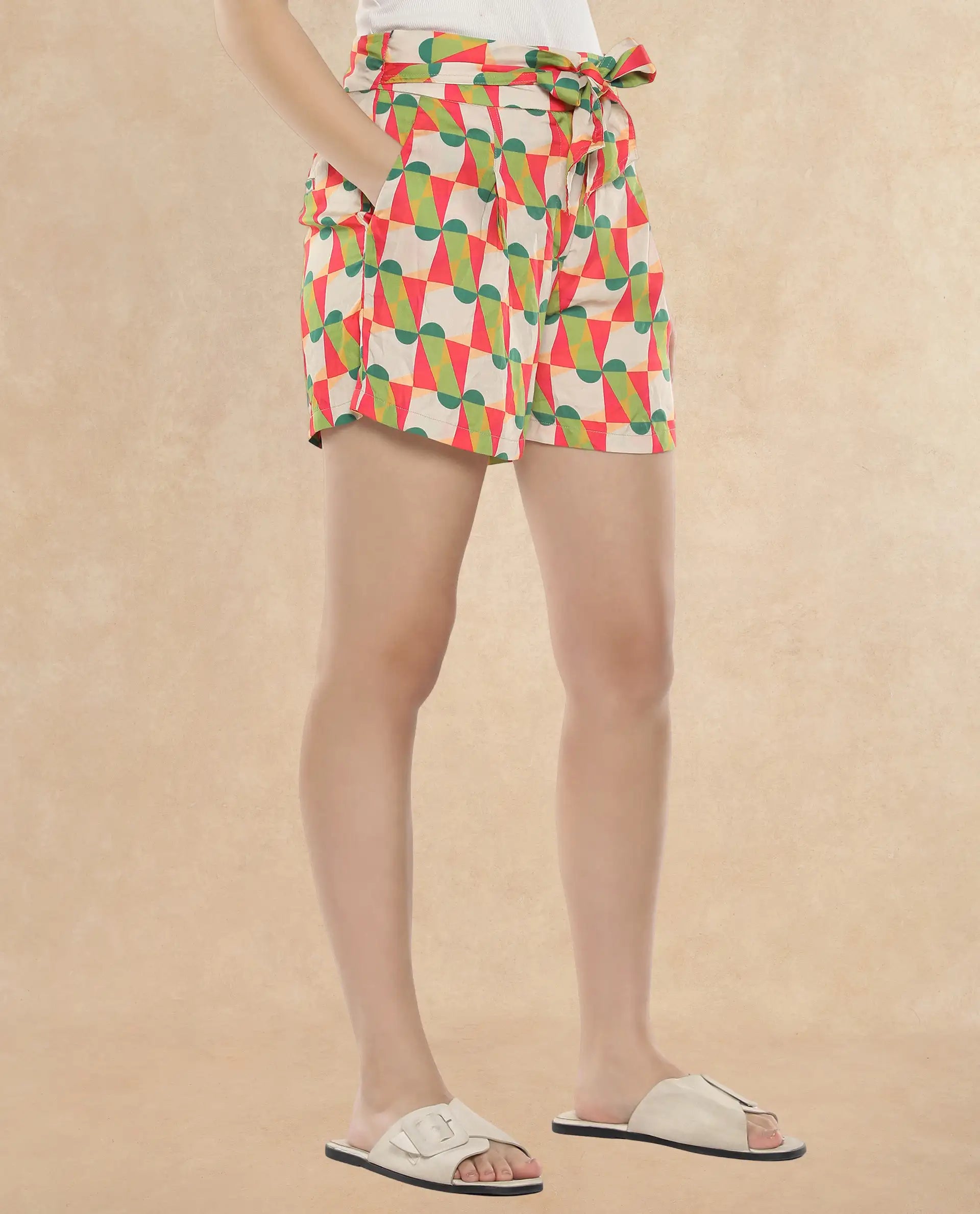 Rareism Women Lucca Multi Cotton Fabric Geometric Print Mini Shorts