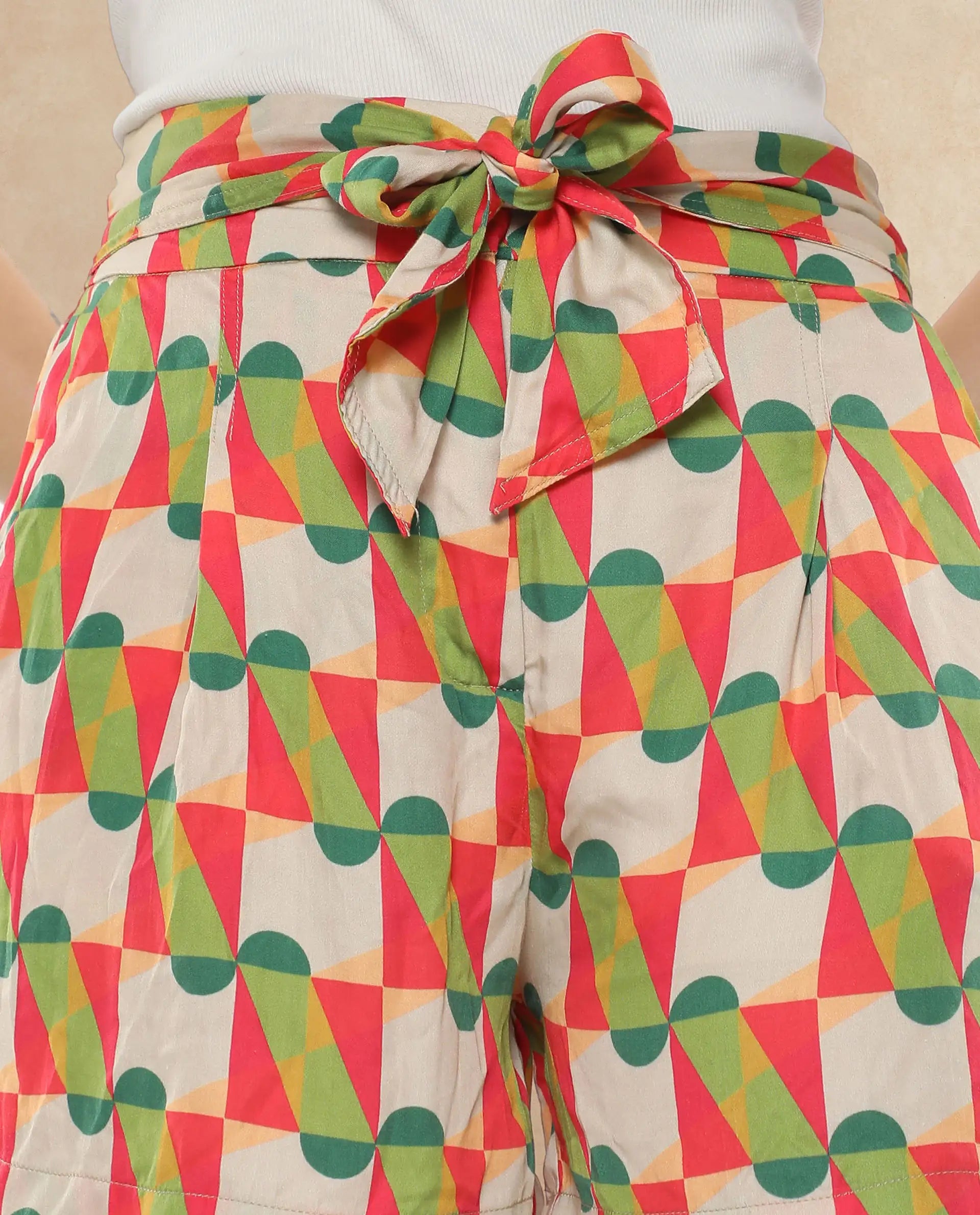 Rareism Women Lucca Multi Cotton Fabric Geometric Print Mini Shorts