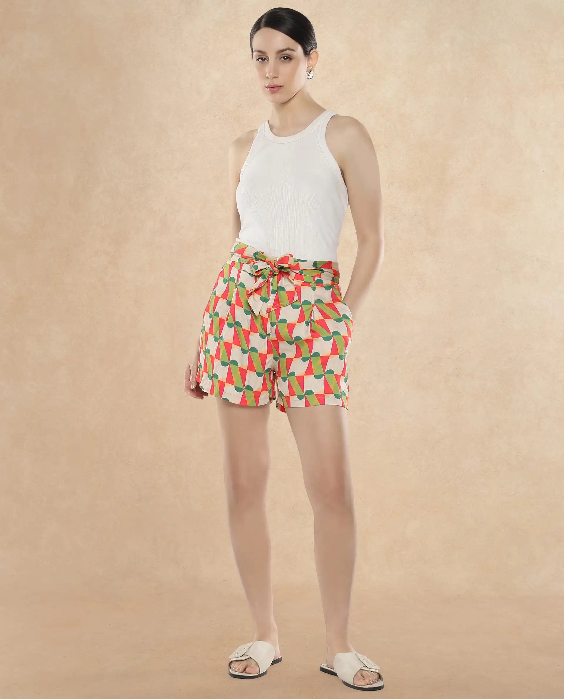 Rareism Women Lucca Multi Cotton Fabric Geometric Print Mini Shorts