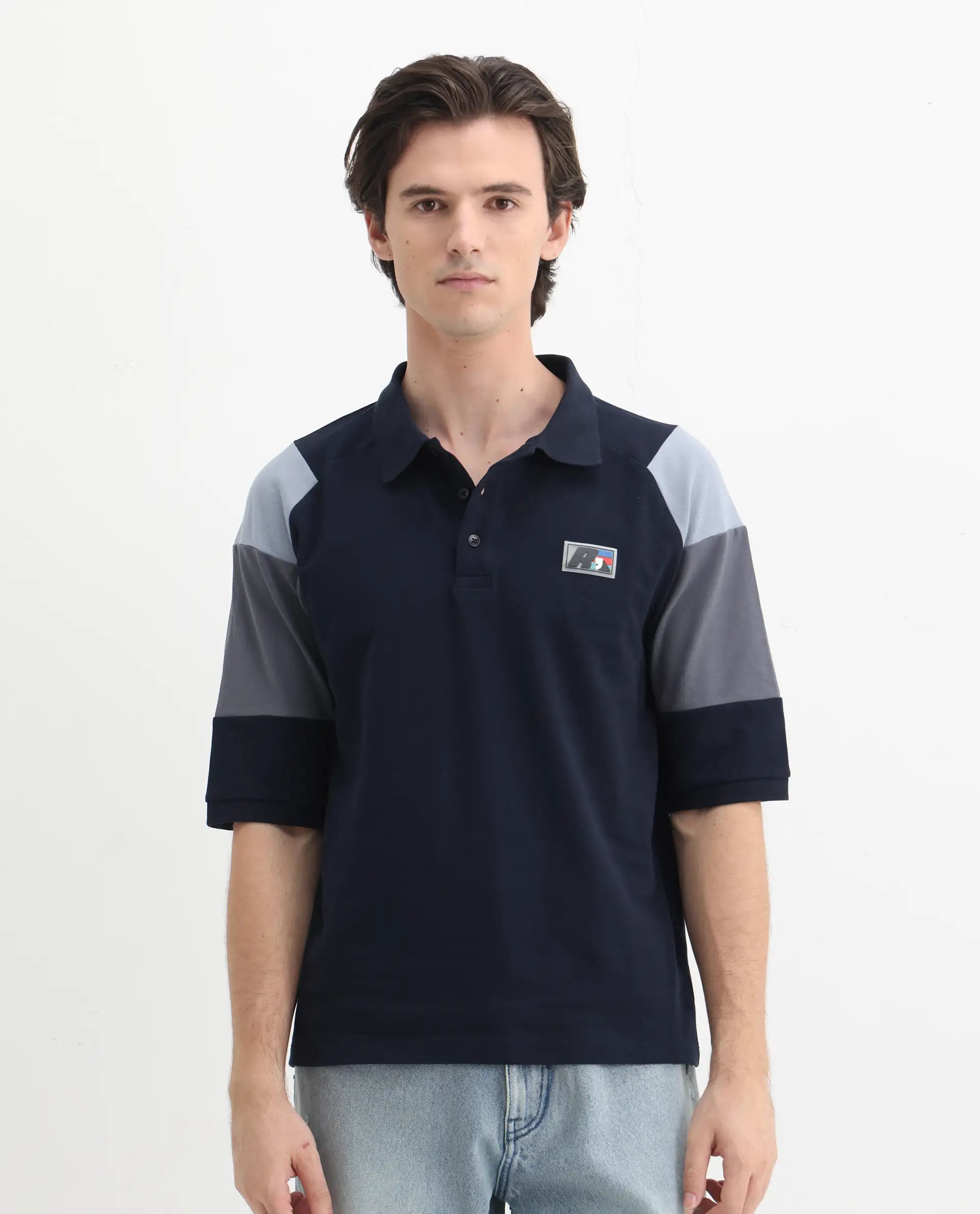 Rare Rabbit Men's Lucid Navy Cotton Blend Cut And Sew Relaxed Fit Half Sleeve Polo