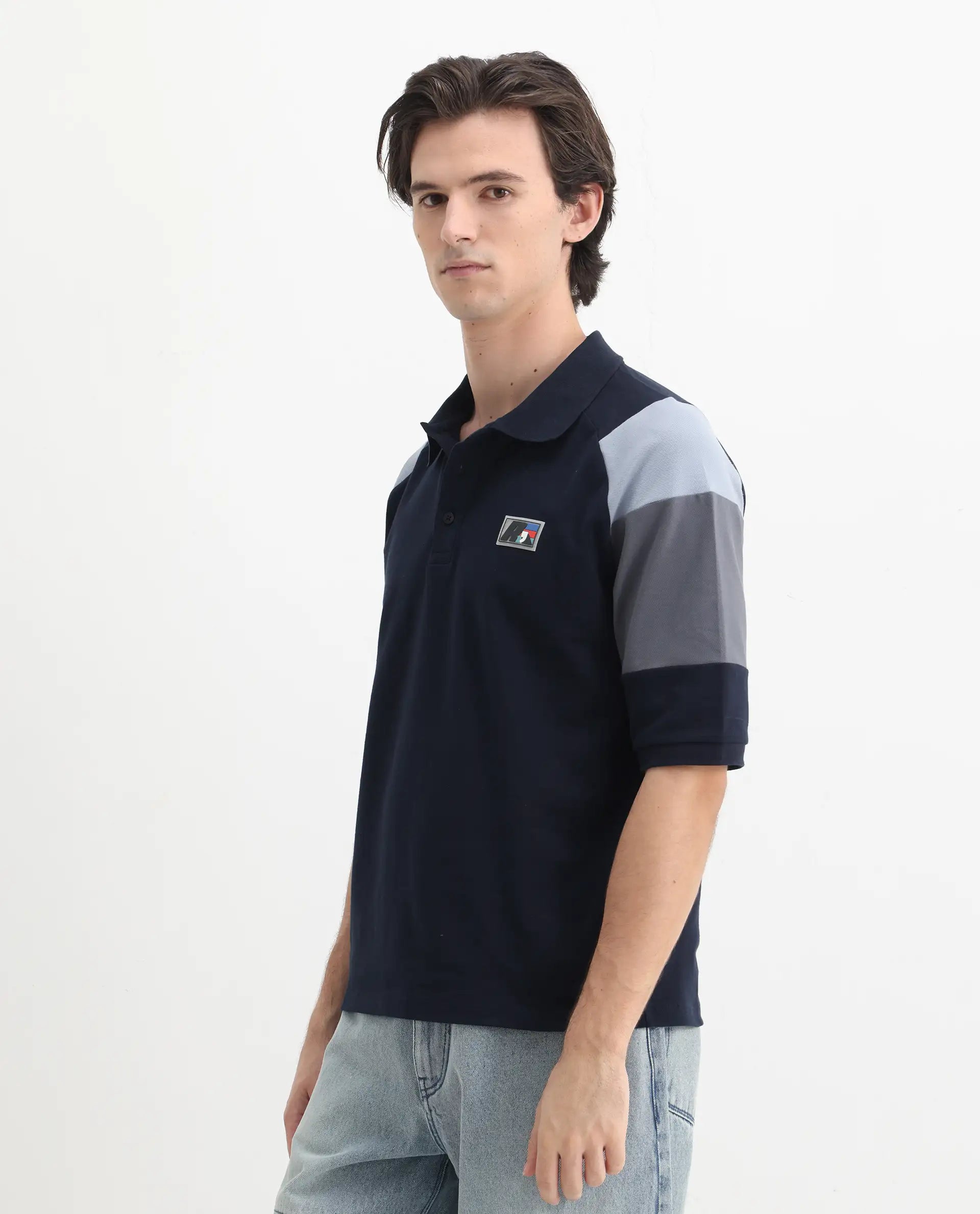 Rare Rabbit Men's Lucid Navy Cotton Blend Cut And Sew Relaxed Fit Half Sleeve Polo