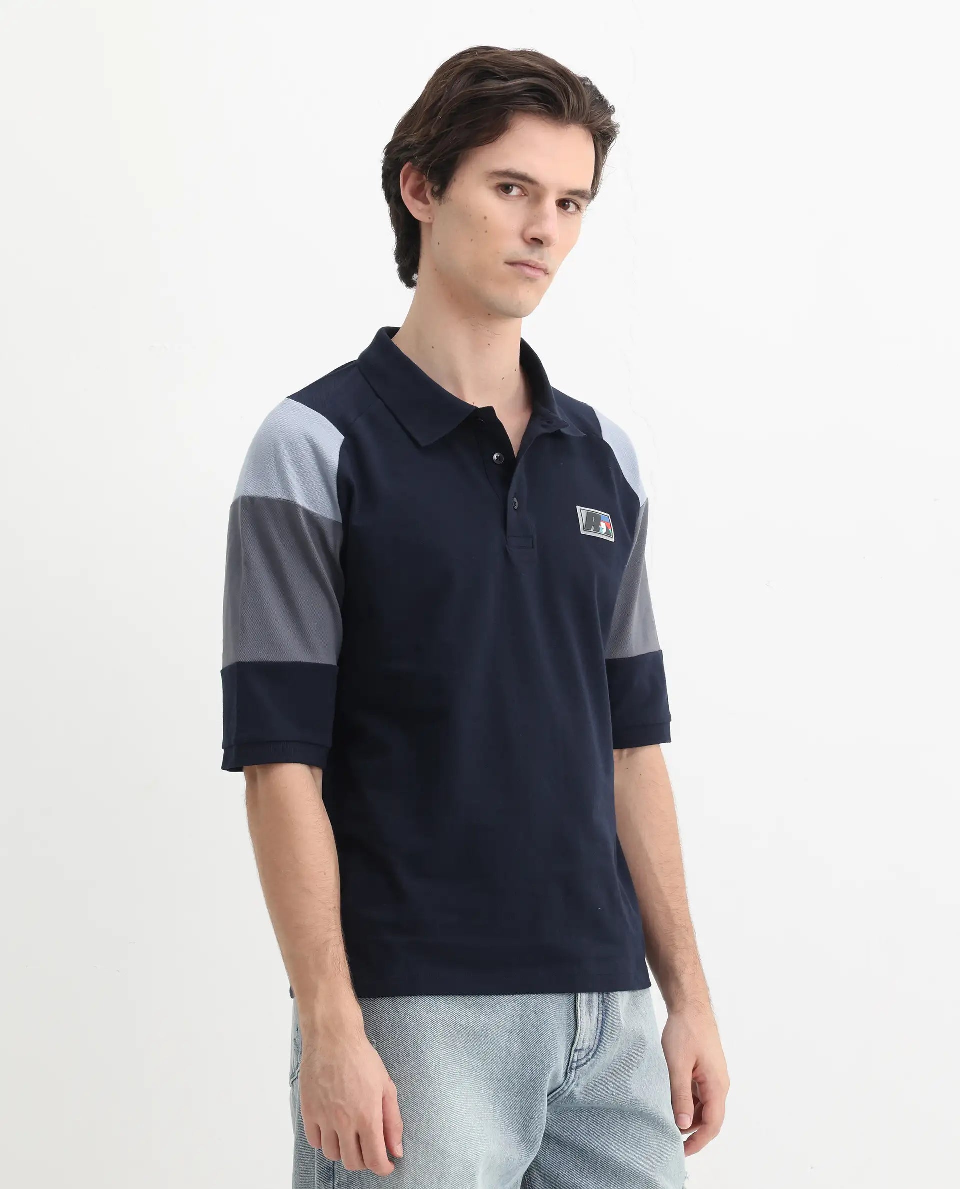 Rare Rabbit Men's Lucid Navy Cotton Blend Cut And Sew Relaxed Fit Half Sleeve Polo