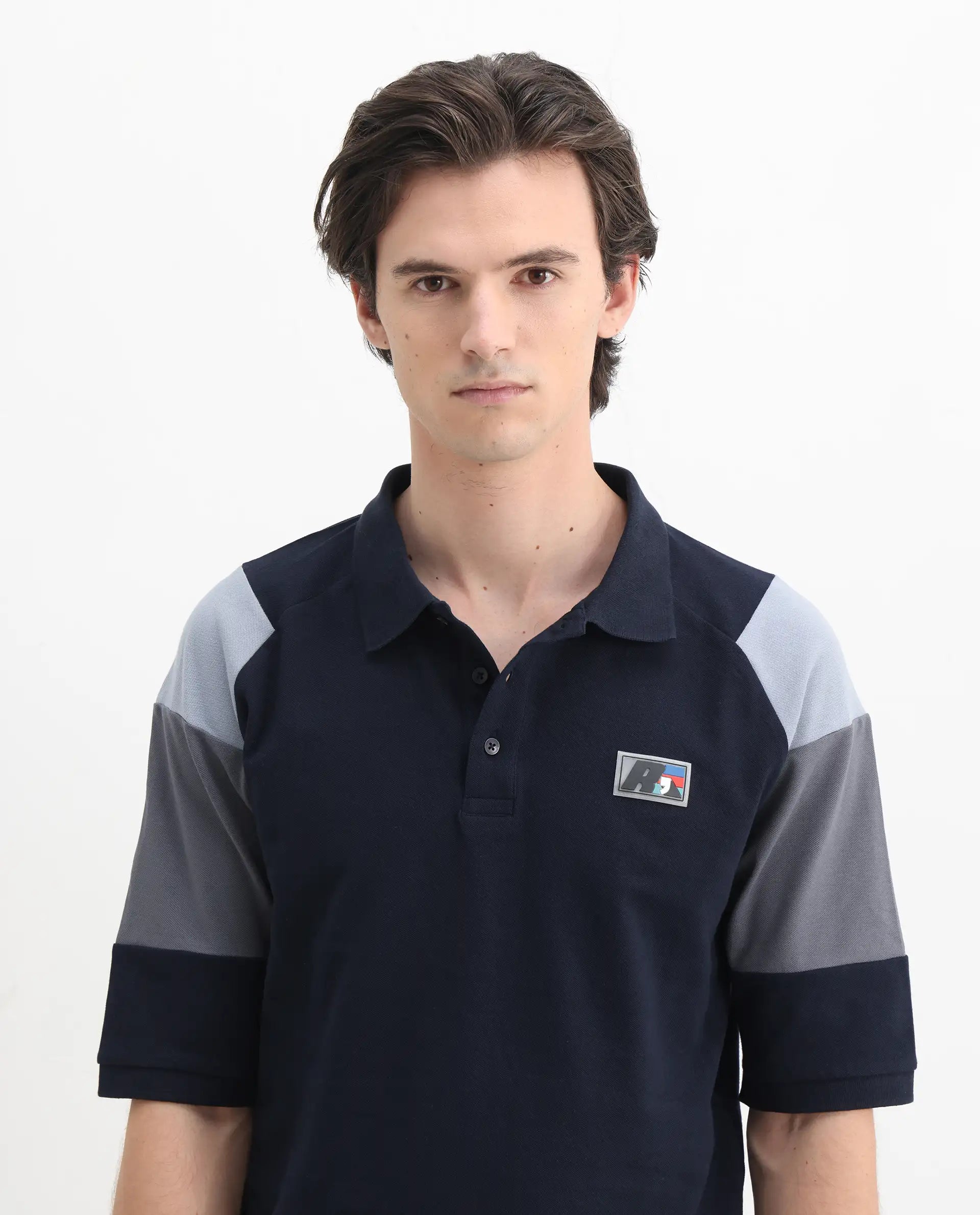 Rare Rabbit Men's Lucid Navy Cotton Blend Cut And Sew Relaxed Fit Half Sleeve Polo