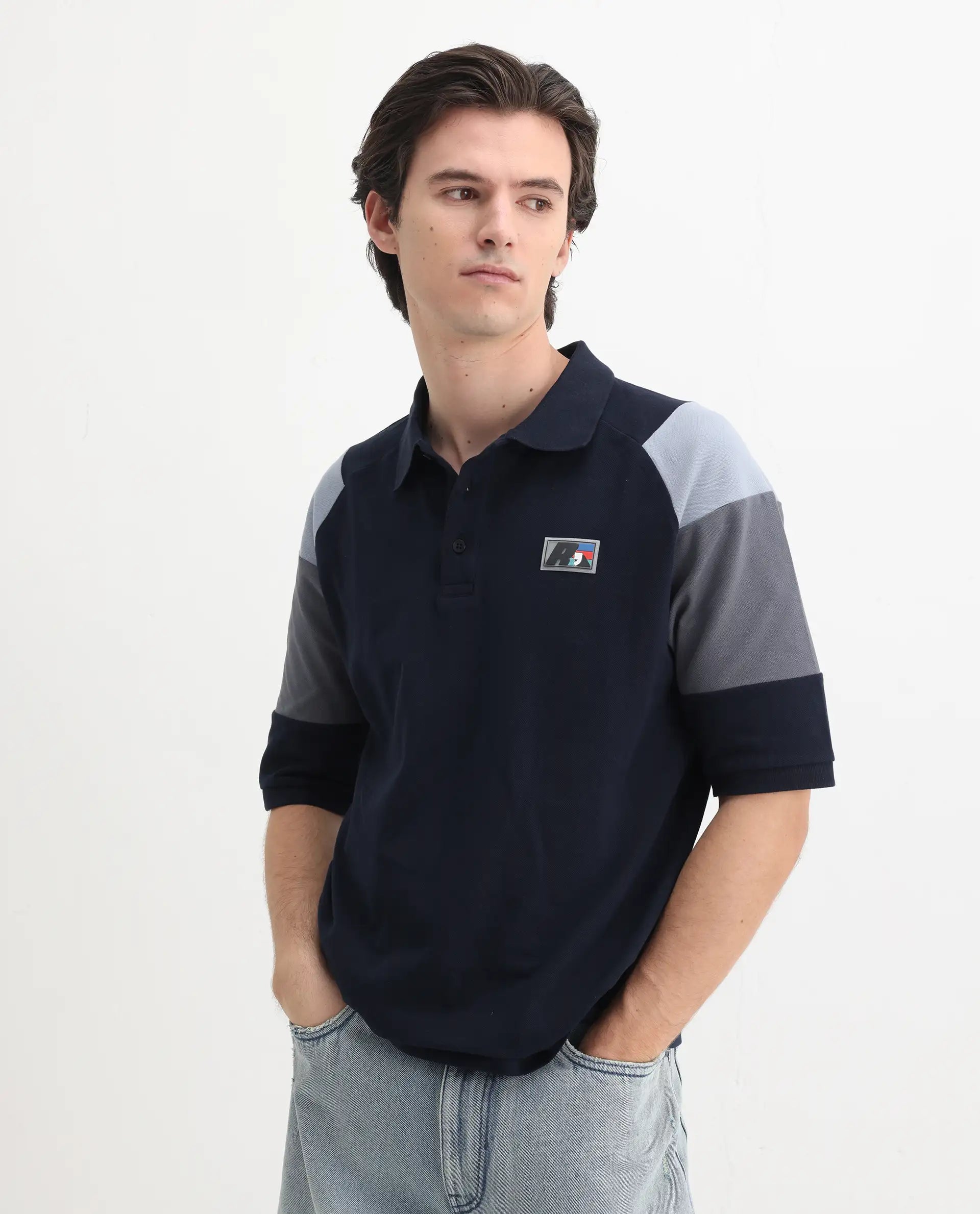 Rare Rabbit Men's Lucid Navy Cotton Blend Cut And Sew Relaxed Fit Half Sleeve Polo
