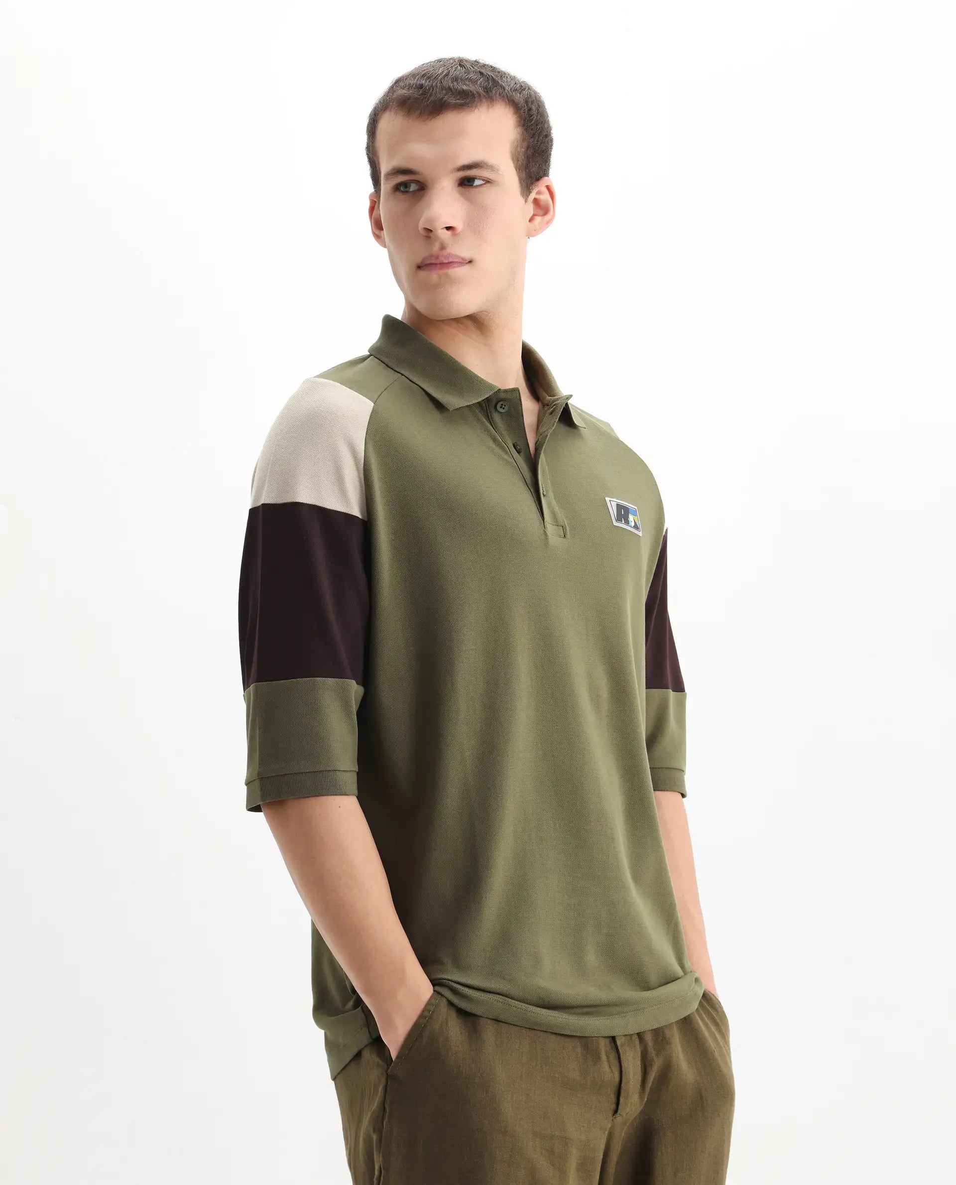 Rare Rabbit Men's Lucid Olive Cotton Blend Cut And Sew Relaxed Fit Half Sleeve Polo