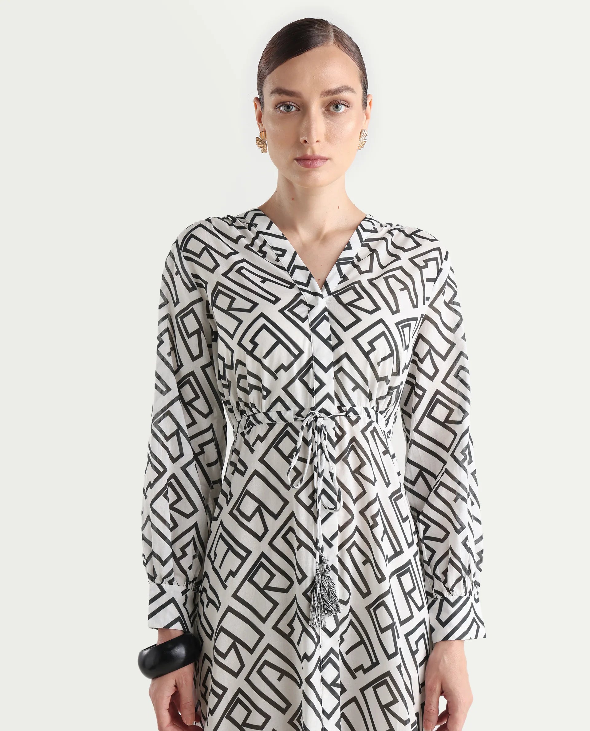 Rareism Women's Lucinda Light Beige Cotton V-Neck Monogram Print Cuffed Sleeve Maxi Regular Fit Shrug