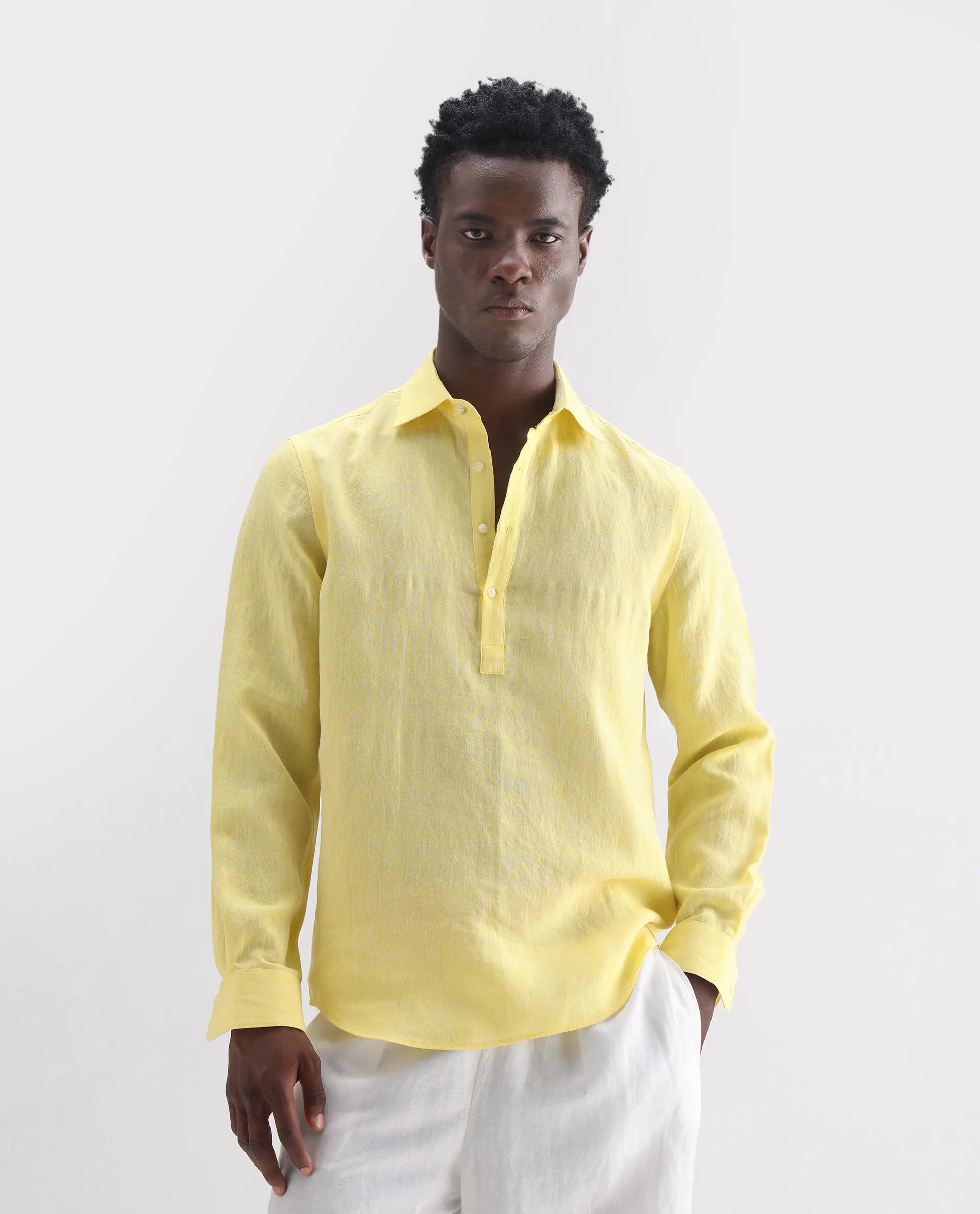 Rare Rabbit Men's Lucio Light Yellow 100% Linen Plain Regular Fit Full Sleeve Collared Shirt