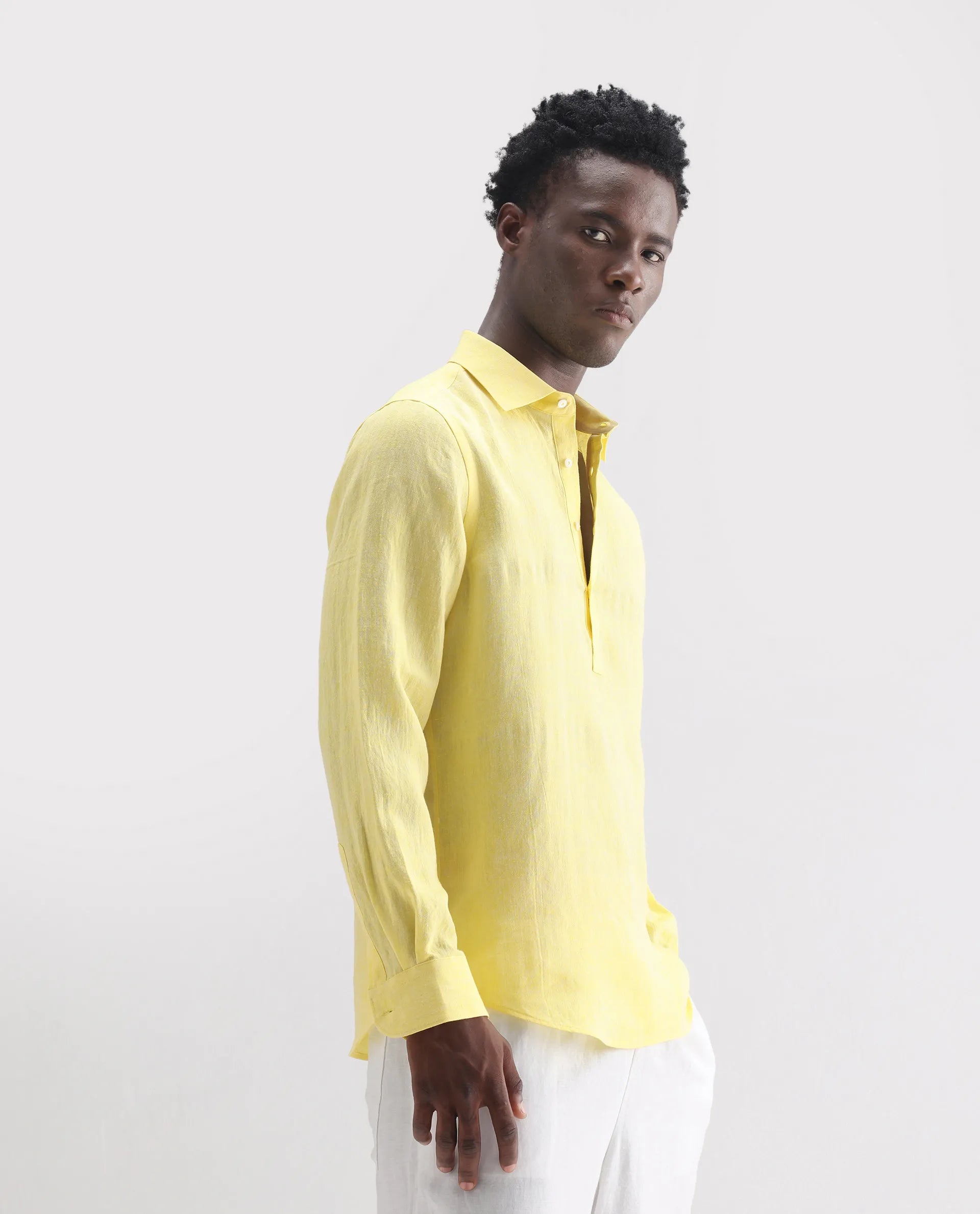 Rare Rabbit Men's Lucio Light Yellow 100% Linen Plain Regular Fit Full Sleeve Collared Shirt