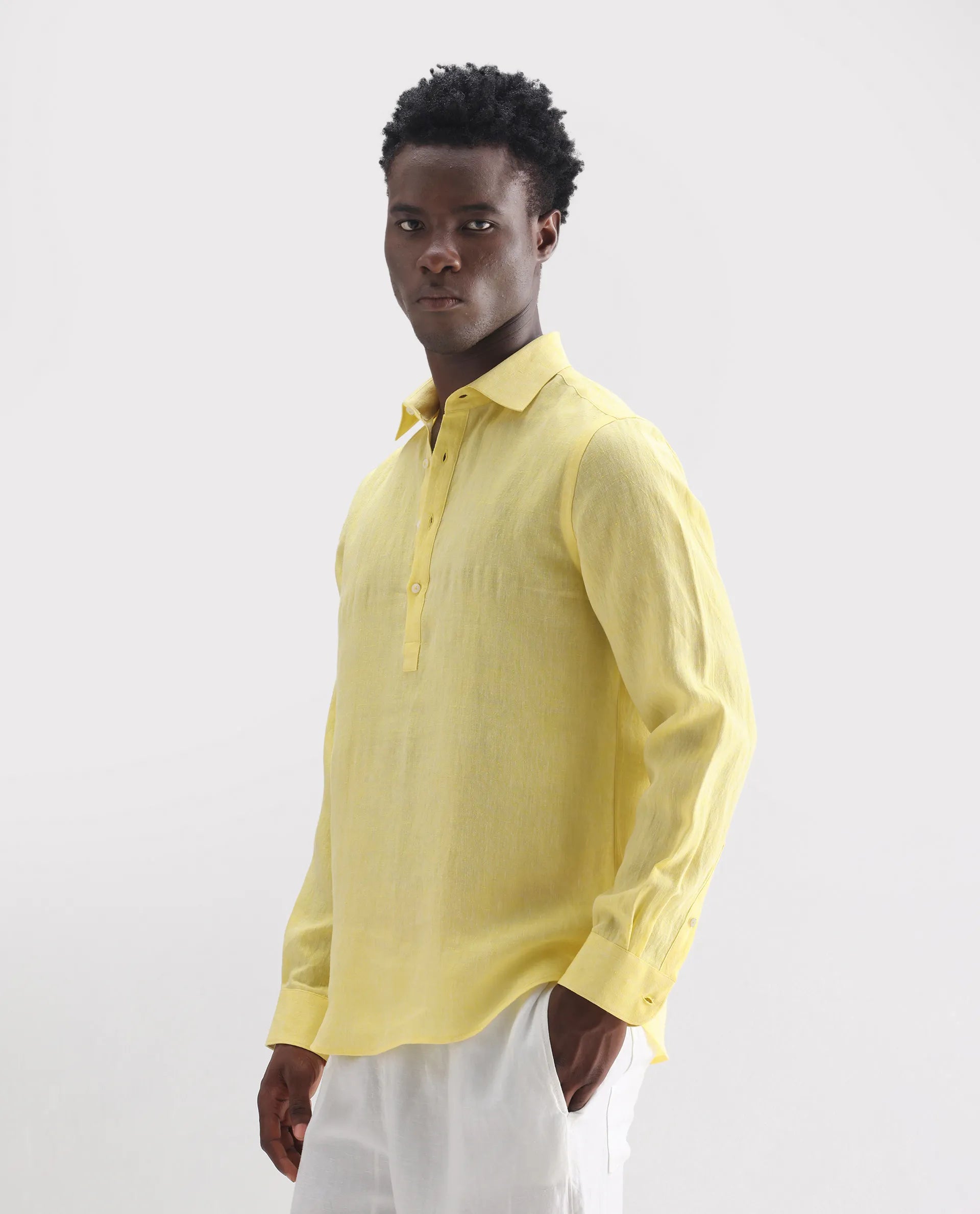 Rare Rabbit Men's Lucio Light Yellow 100% Linen Plain Regular Fit Full Sleeve Collared Shirt