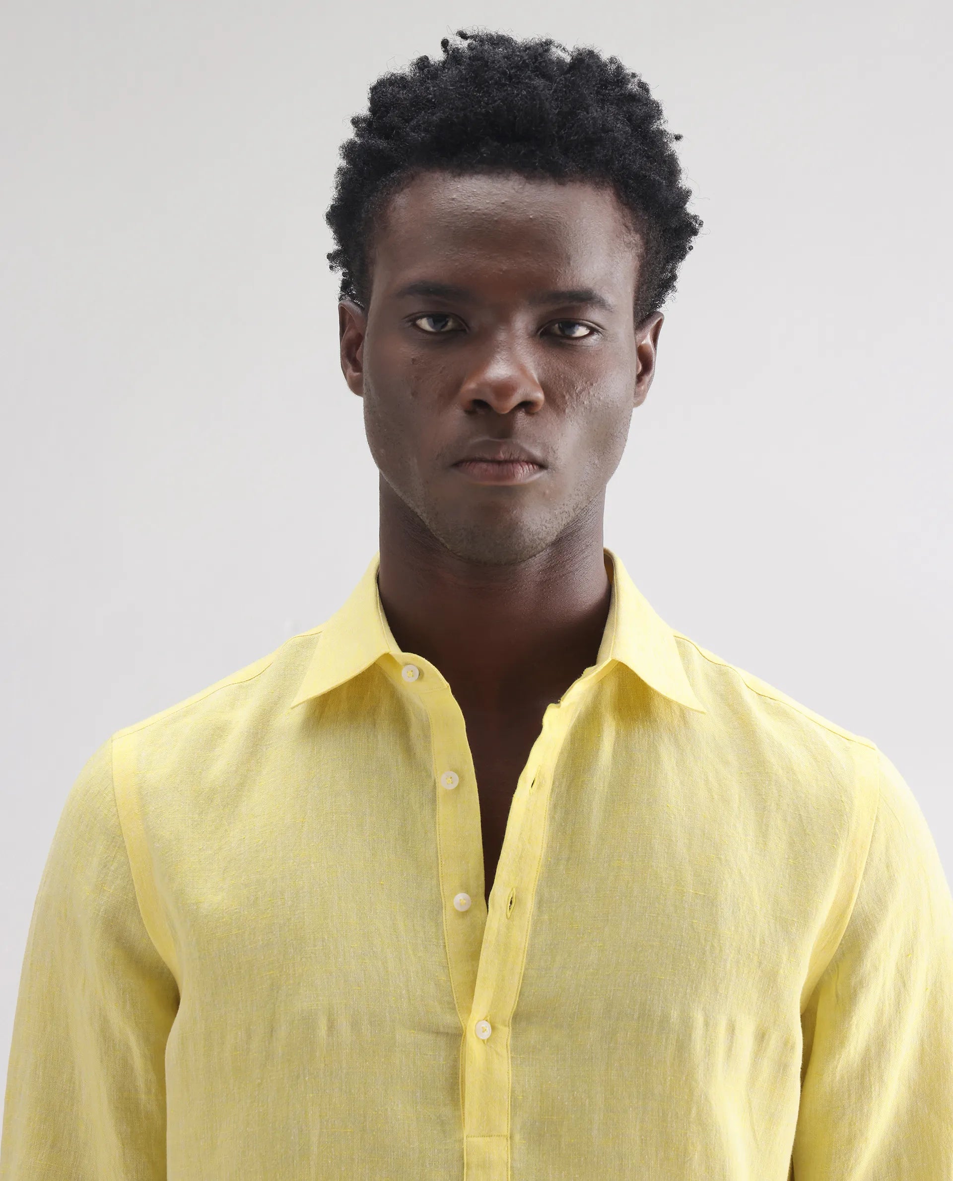 Rare Rabbit Men's Lucio Light Yellow 100% Linen Plain Regular Fit Full Sleeve Collared Shirt