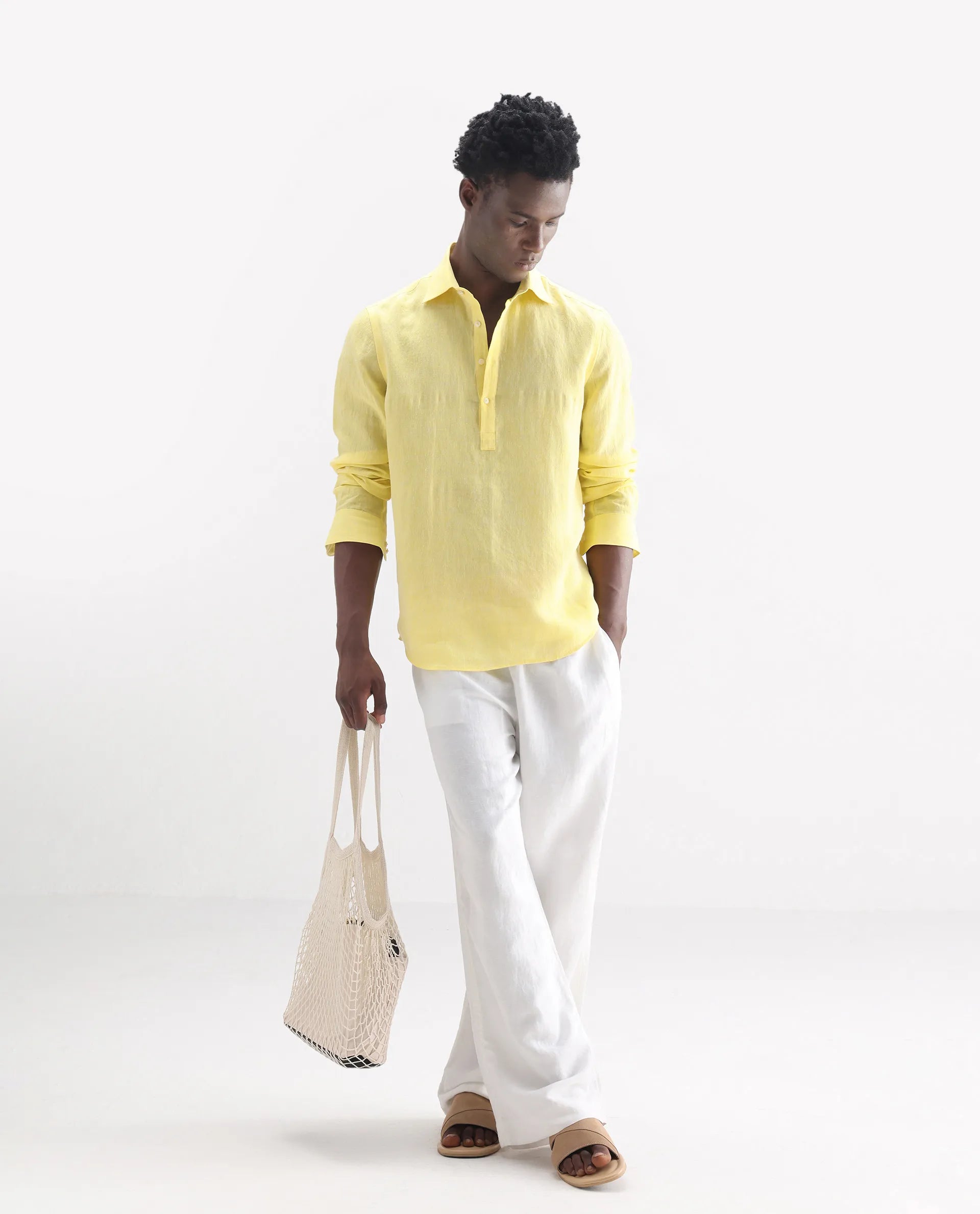 Rare Rabbit Men's Lucio Light Yellow 100% Linen Plain Regular Fit Full Sleeve Collared Shirt