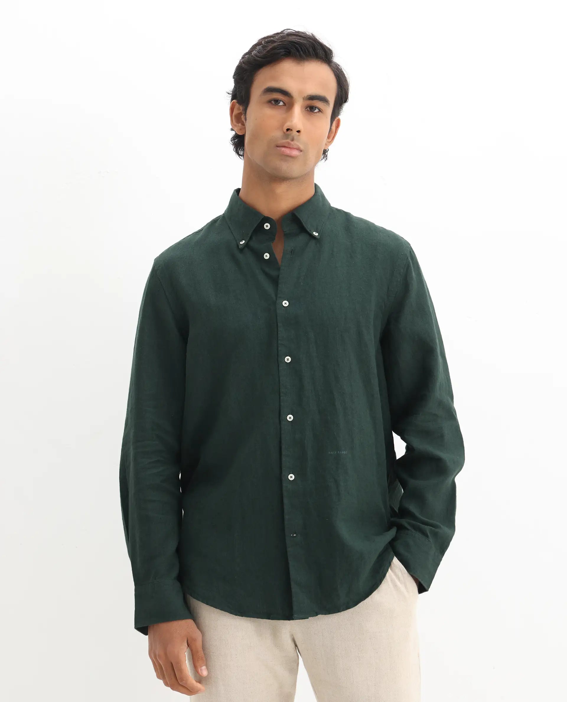 Rare Rabbit Men's Lucis Dark Green 100% Linen Plain Regular Fit Full Sleeve Collared Shirt