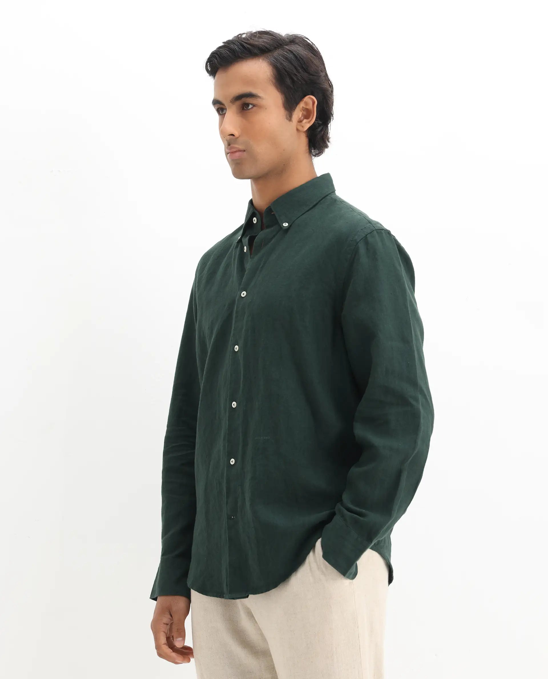 Rare Rabbit Men's Lucis Dark Green 100% Linen Plain Regular Fit Full Sleeve Collared Shirt
