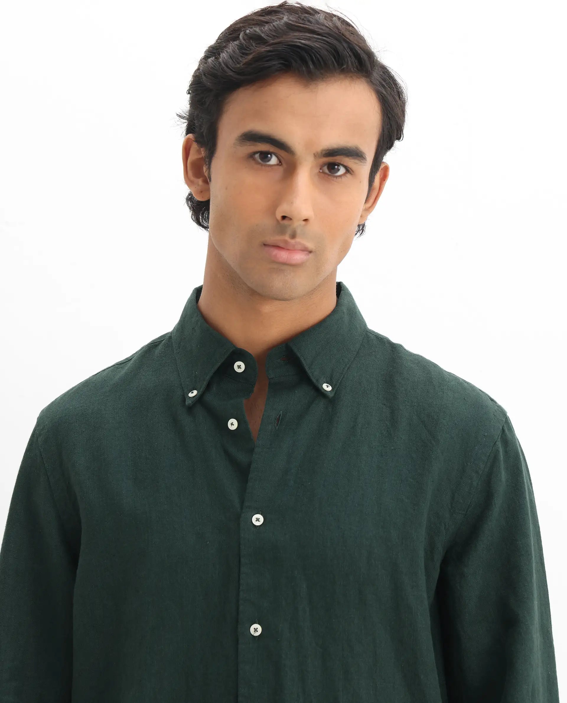 Rare Rabbit Men's Lucis Dark Green 100% Linen Plain Regular Fit Full Sleeve Collared Shirt