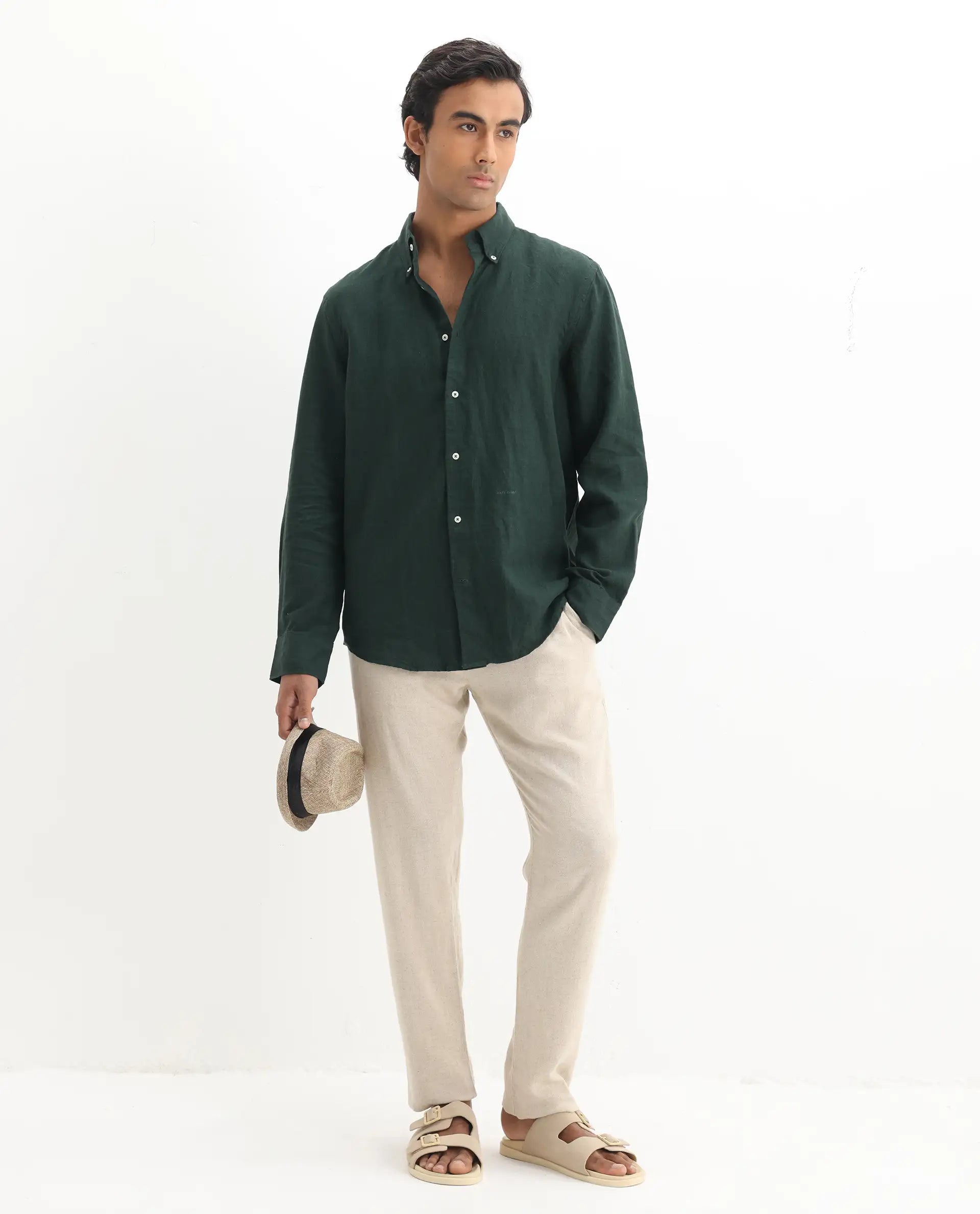 Rare Rabbit Men's Lucis Dark Green 100% Linen Plain Regular Fit Full Sleeve Collared Shirt