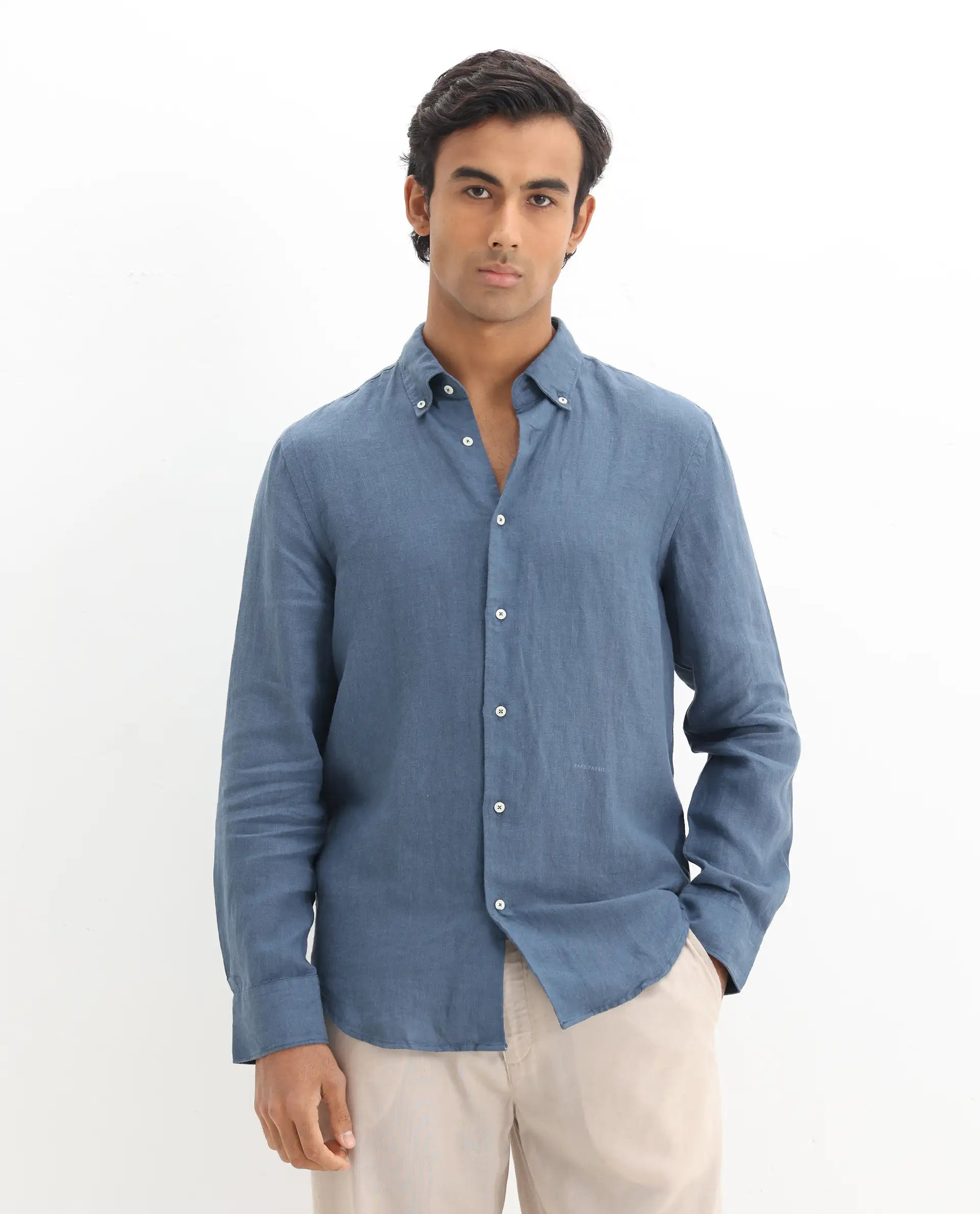 Rare Rabbit Men's Lucis Dusky Blue 100% Linen Plain Regular Fit Full Sleeve Collared Shirt