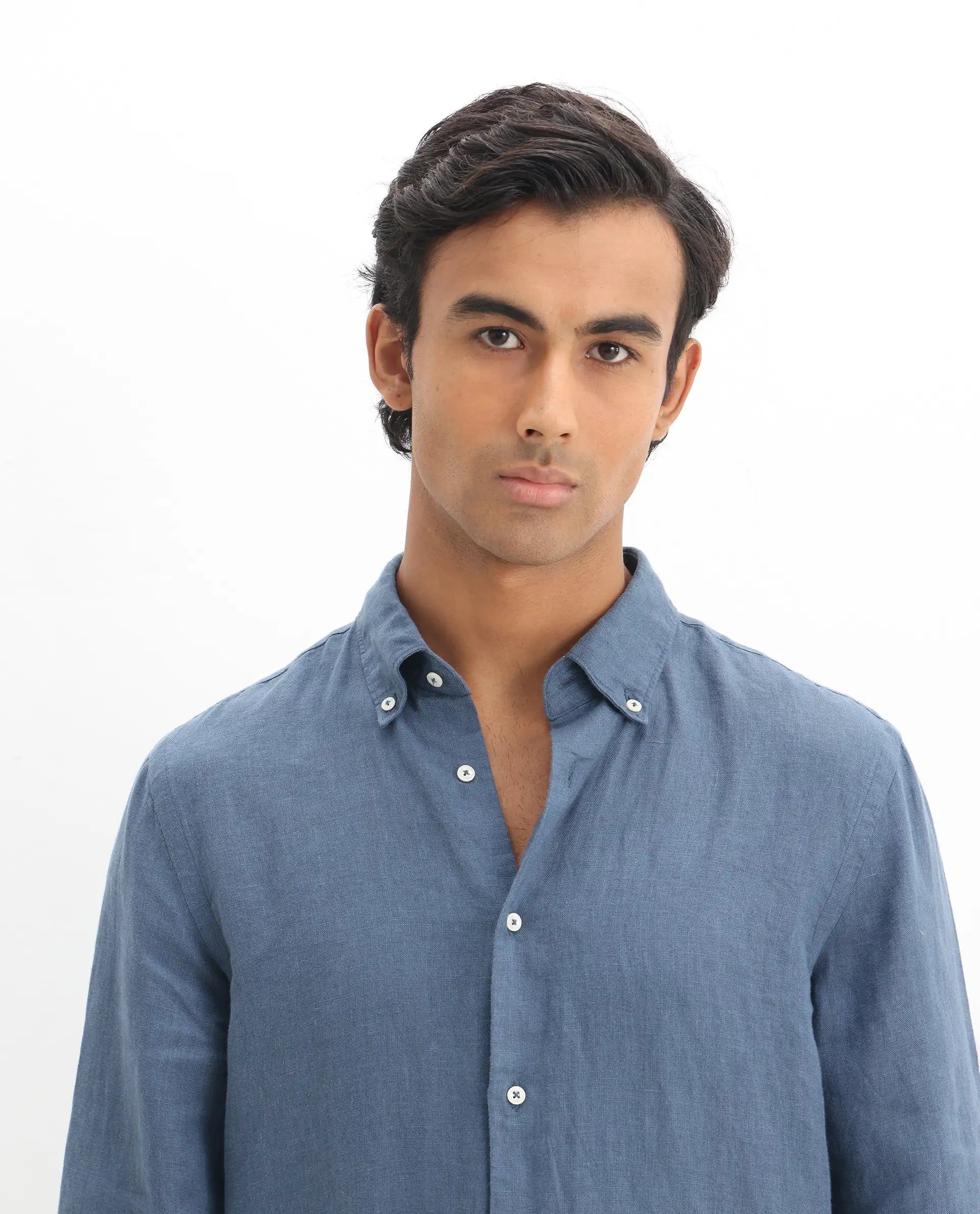 Rare Rabbit Men's Lucis Dusky Blue 100% Linen Plain Regular Fit Full Sleeve Collared Shirt