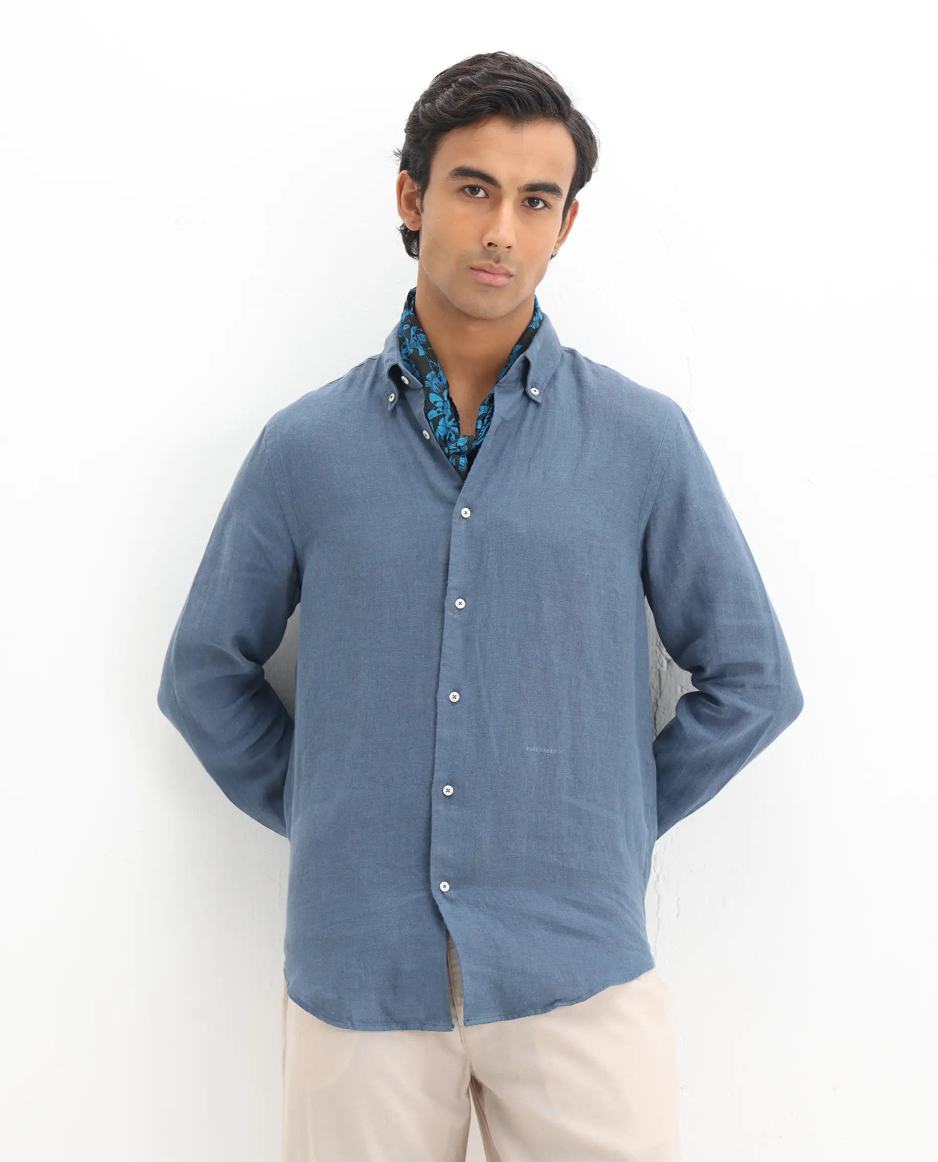 Rare Rabbit Men's Lucis Dusky Blue 100% Linen Plain Regular Fit Full Sleeve Collared Shirt