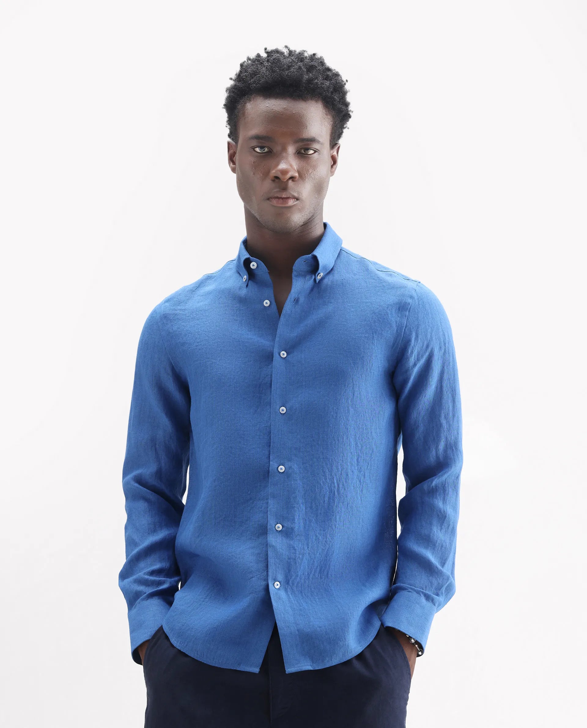 Rare Rabbit Men's Lucis Blue 100% Linen Plain Regular Fit Full Sleeve Collared Shirt