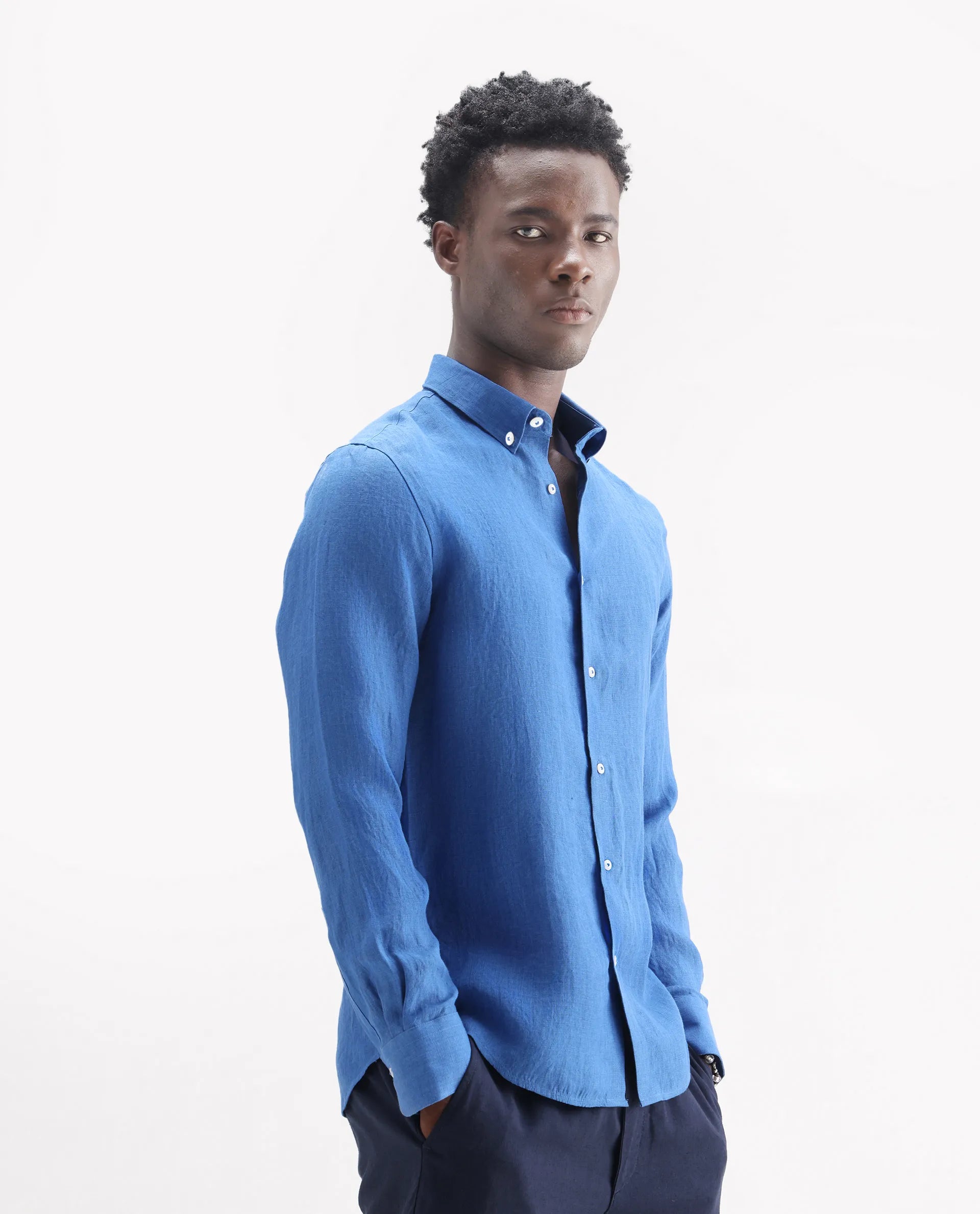 Rare Rabbit Men's Lucis Blue 100% Linen Plain Regular Fit Full Sleeve Collared Shirt