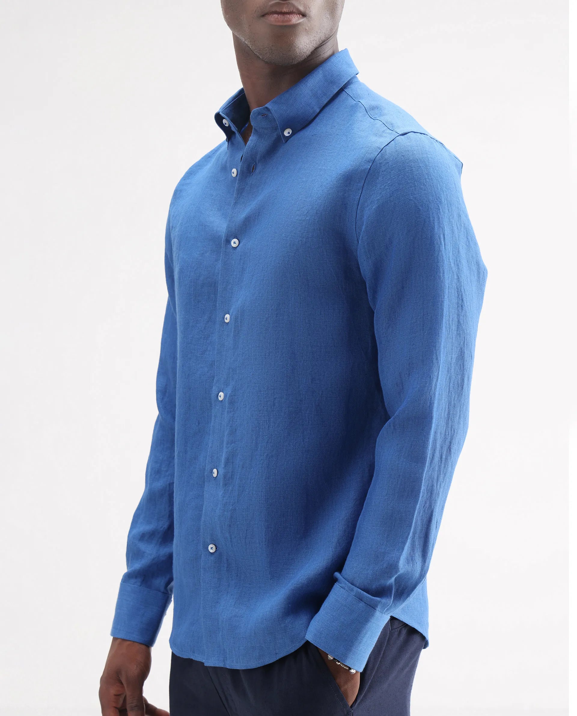 Rare Rabbit Men's Lucis Blue 100% Linen Plain Regular Fit Full Sleeve Collared Shirt