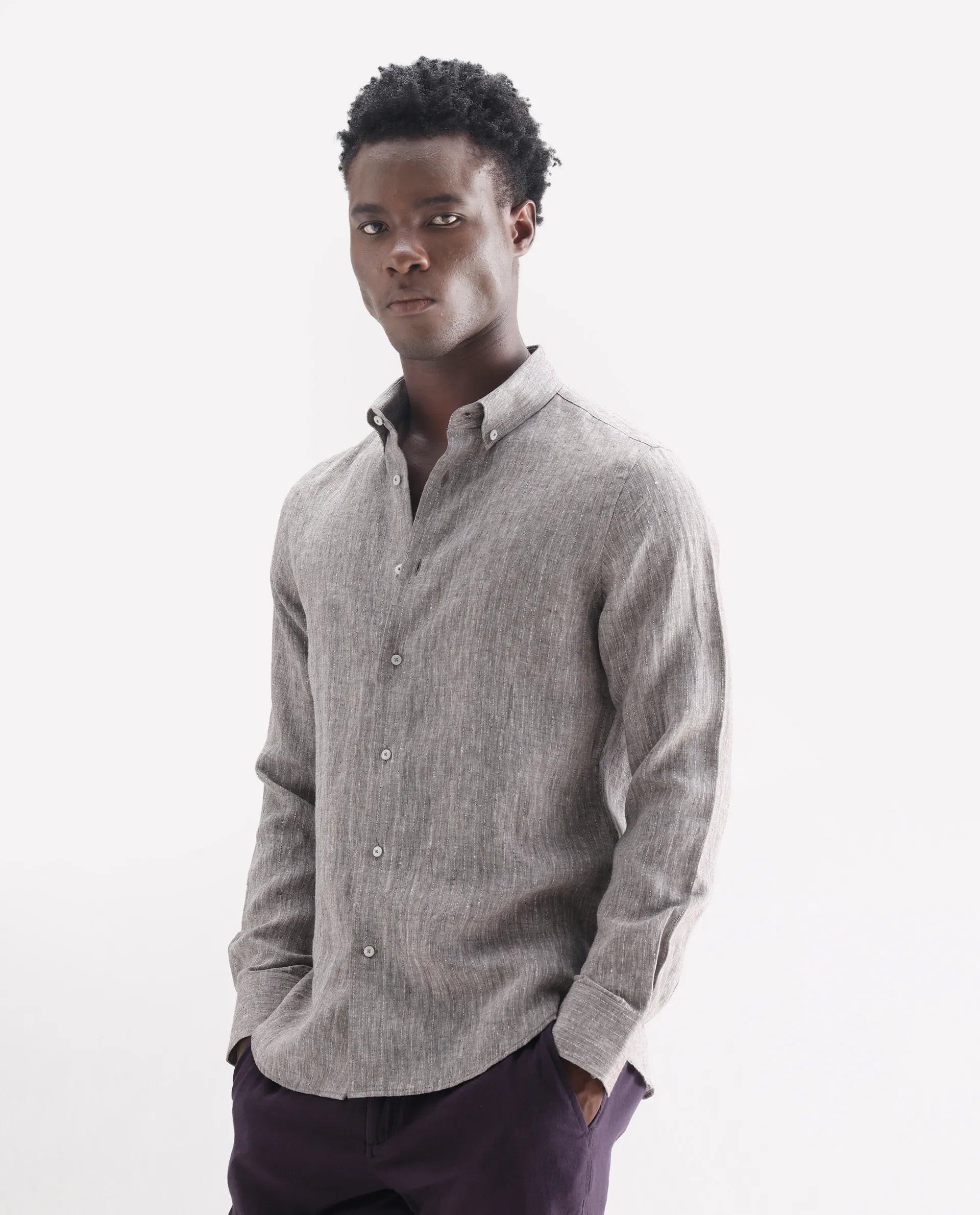 Rare Rabbit Men's Lucis Dark Khaki 100% Linen Plain Regular Fit Full Sleeve Collared Shirt