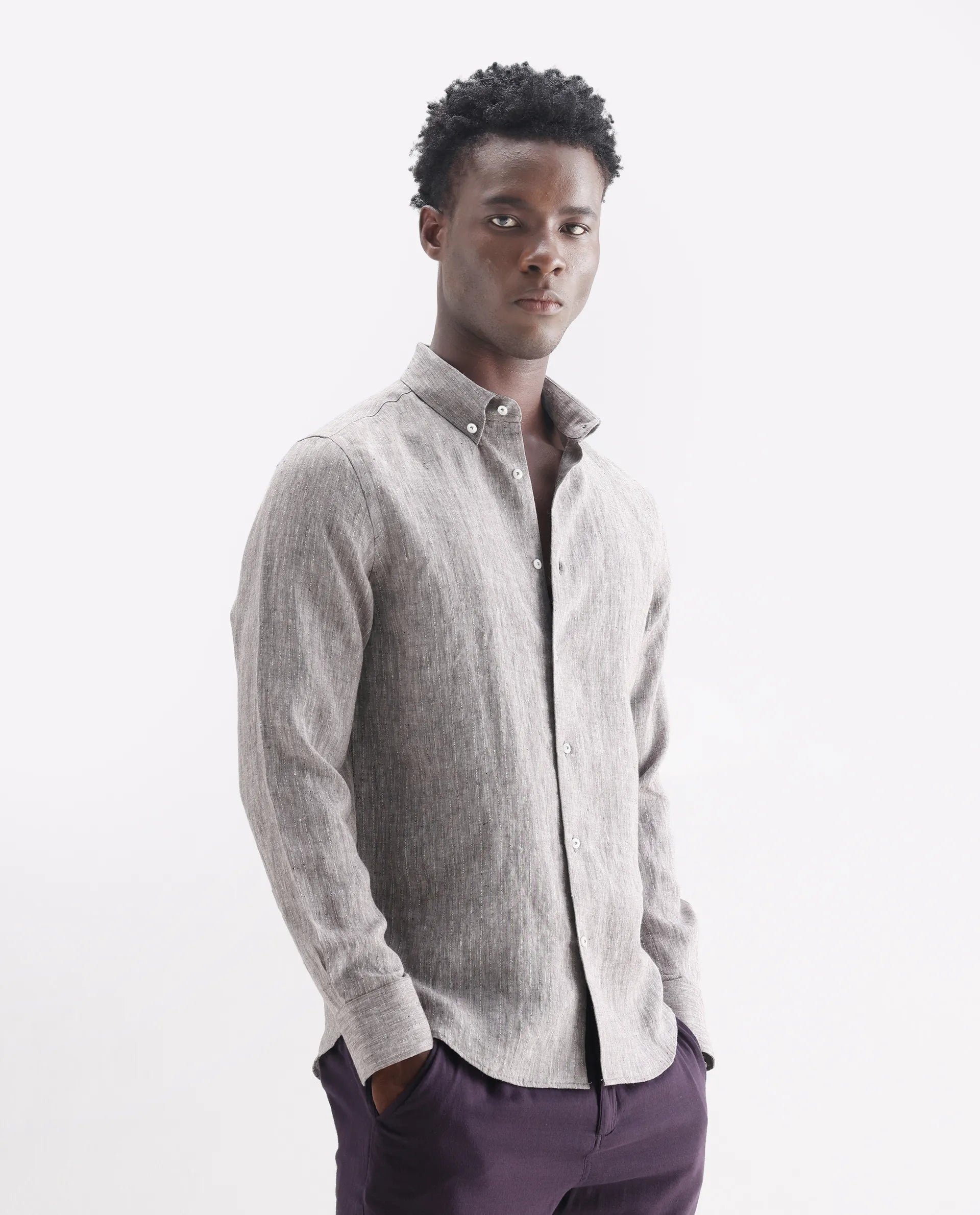 Rare Rabbit Men's Lucis Dark Khaki 100% Linen Plain Regular Fit Full Sleeve Collared Shirt