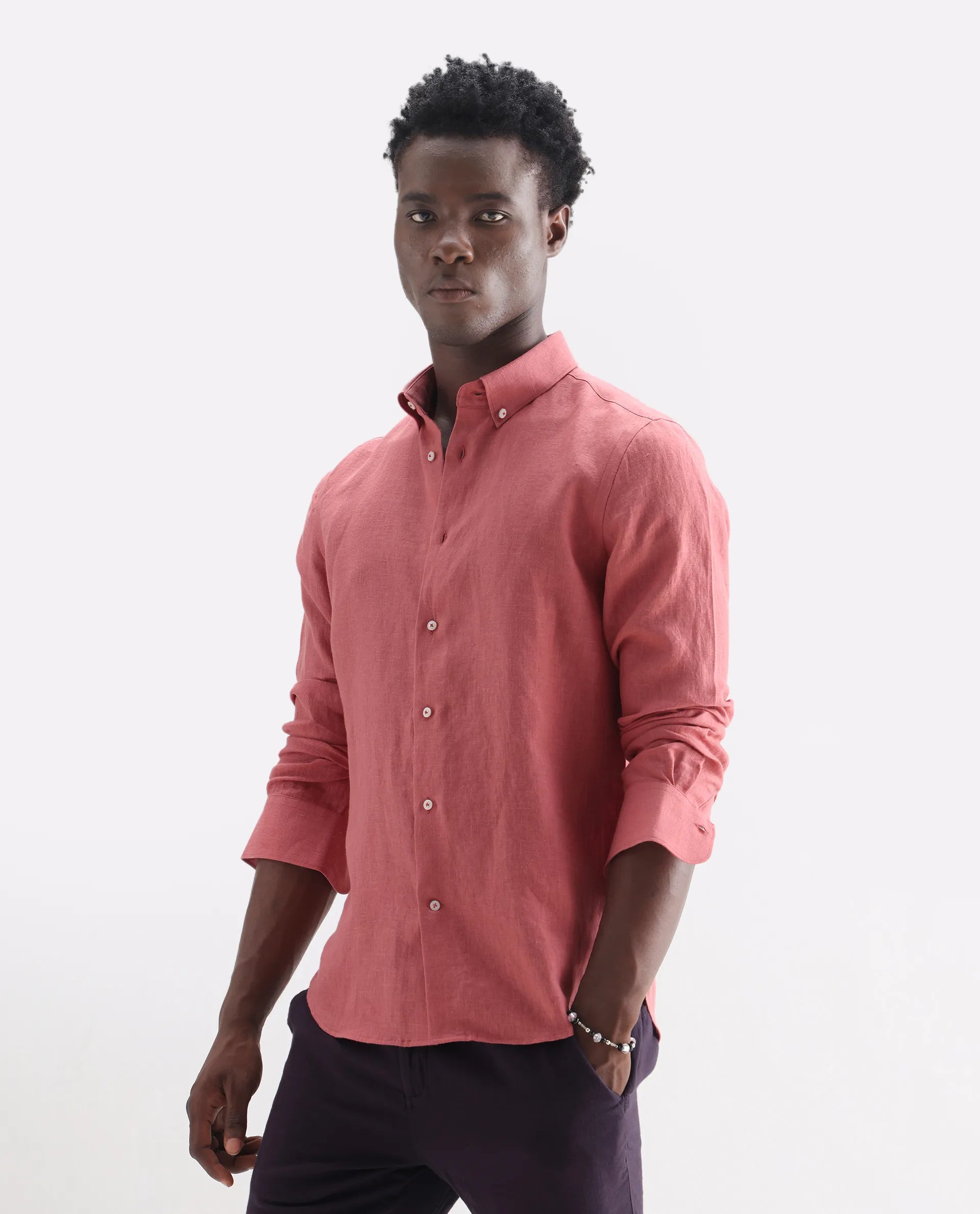 Rare Rabbit Men's Lucis Dusky Pink 100% Linen Plain Regular Fit Full Sleeve Collared Shirt