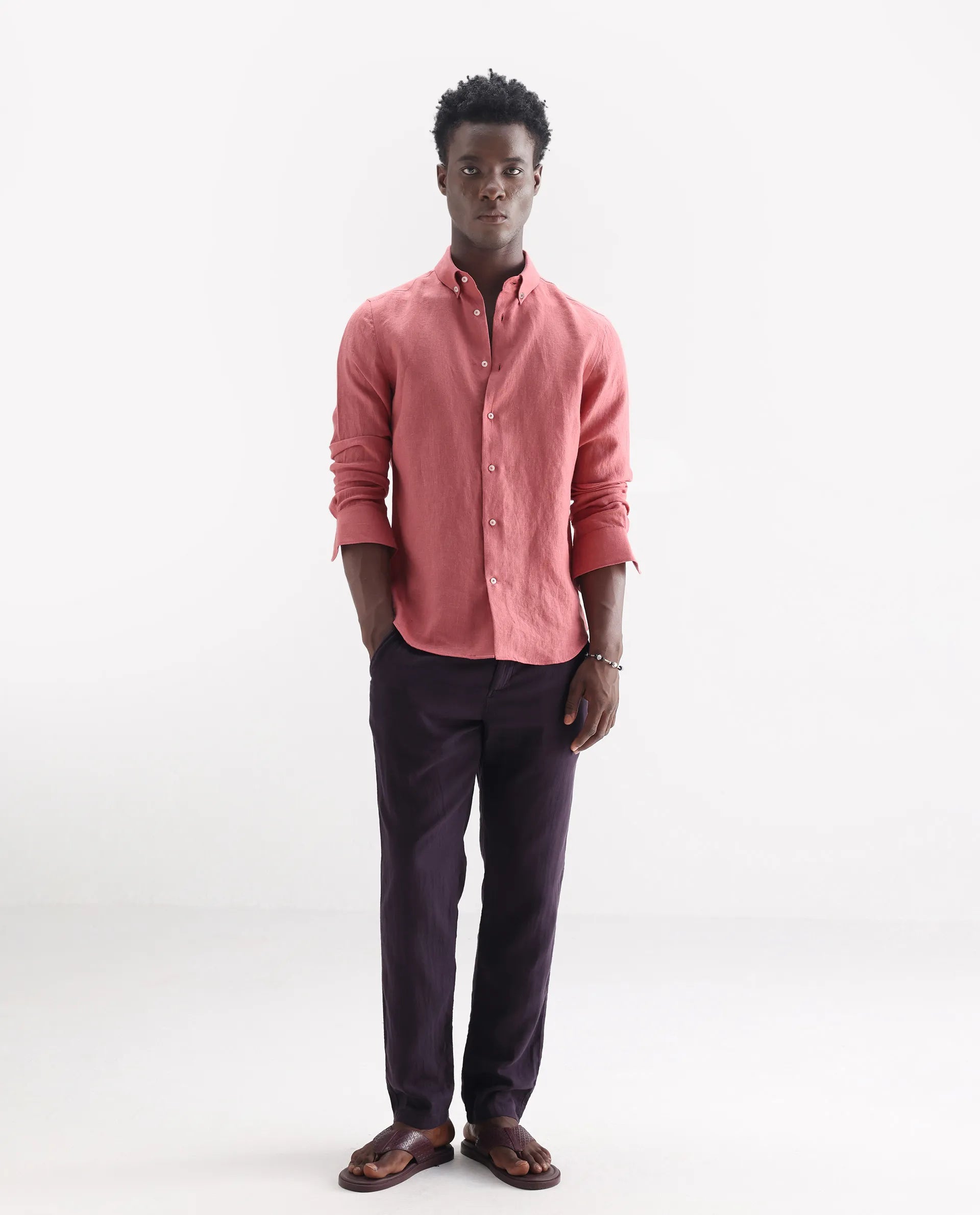 Rare Rabbit Men's Lucis Dusky Pink 100% Linen Plain Regular Fit Full Sleeve Collared Shirt