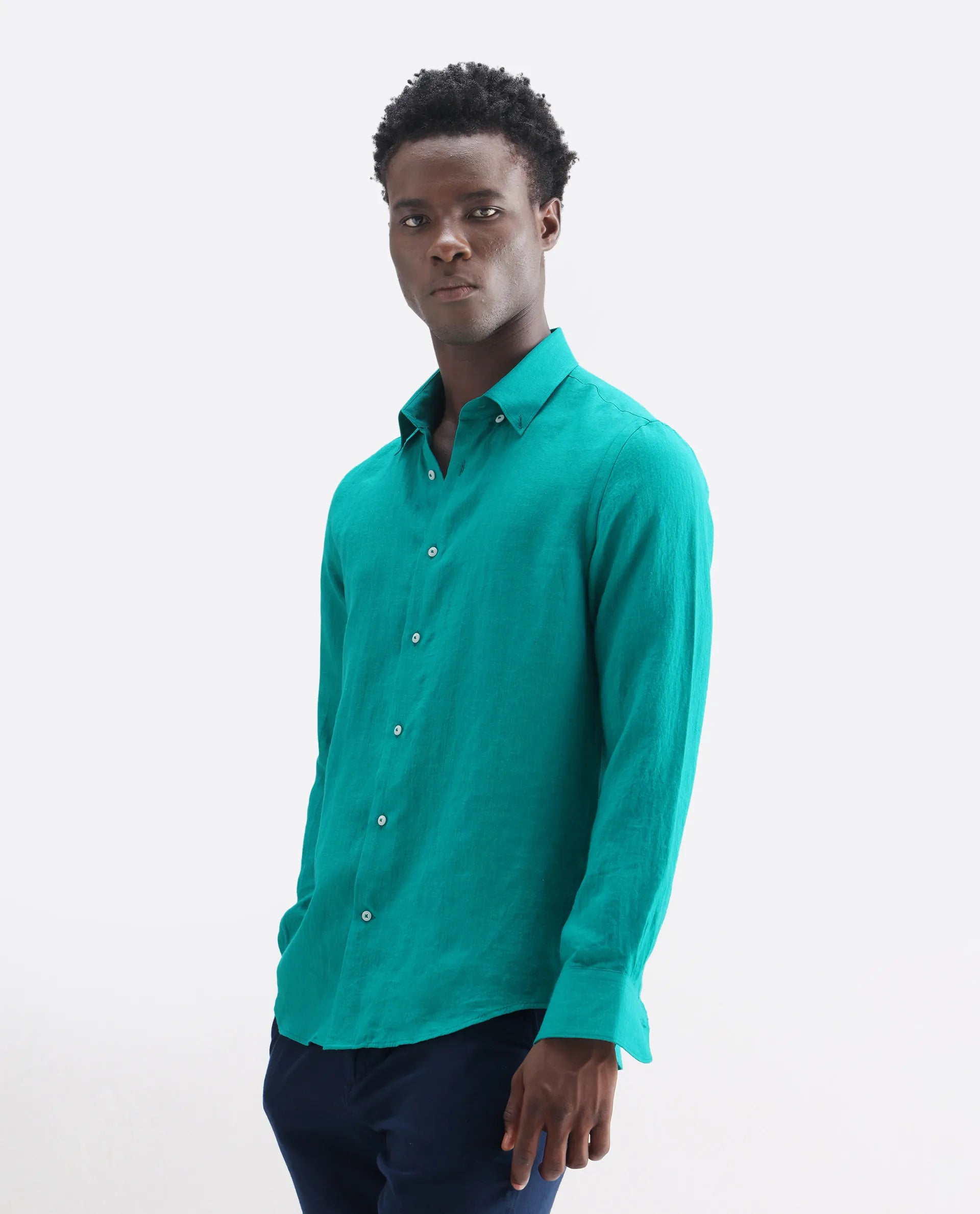 Rare Rabbit Men's Lucis Flouroscent Green 100% Linen Plain Regular Fit Full Sleeve Collared Shirt