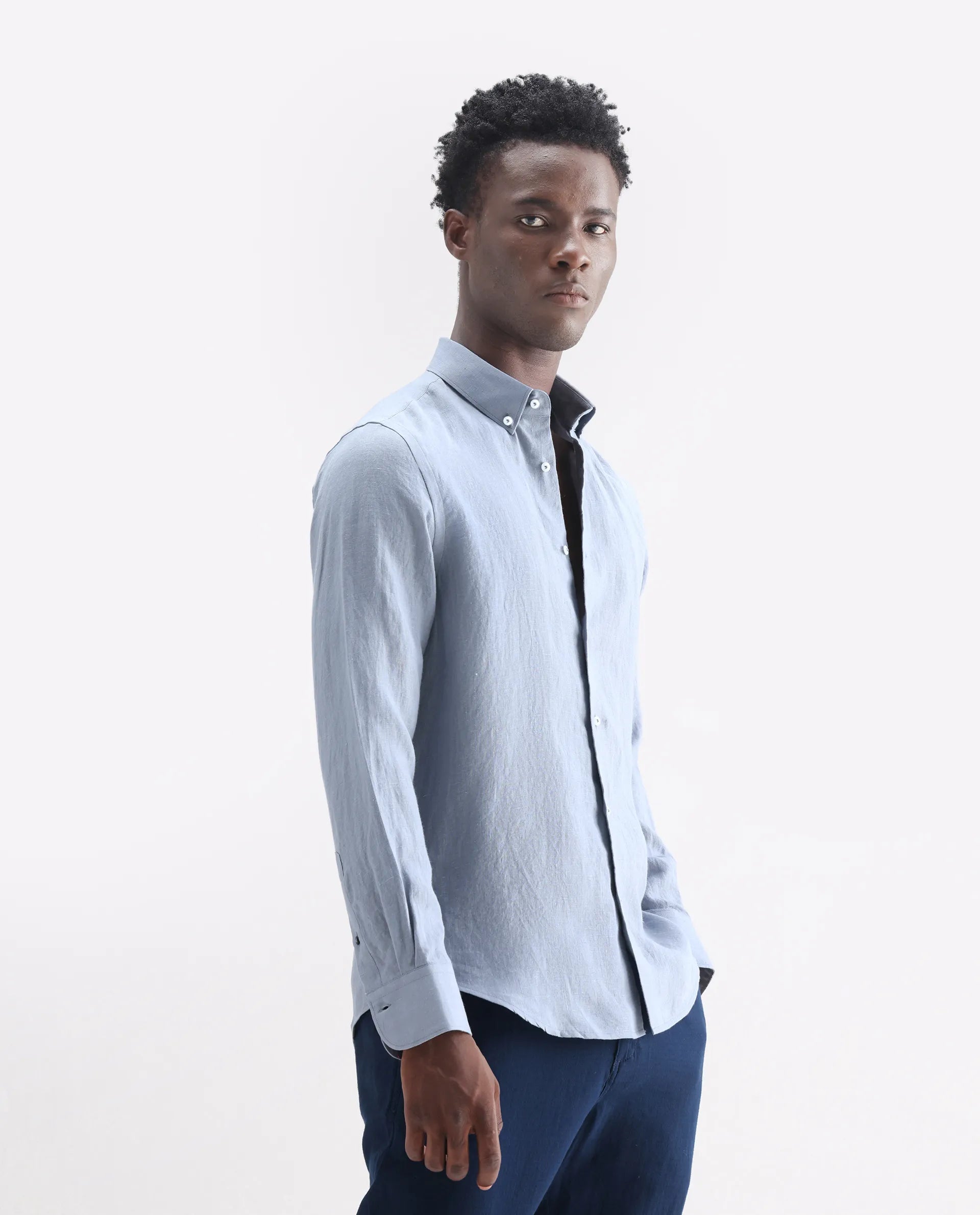 Rare Rabbit Men's Lucis Grey 100% Linen Plain Regular Fit Full Sleeve Collared Shirt