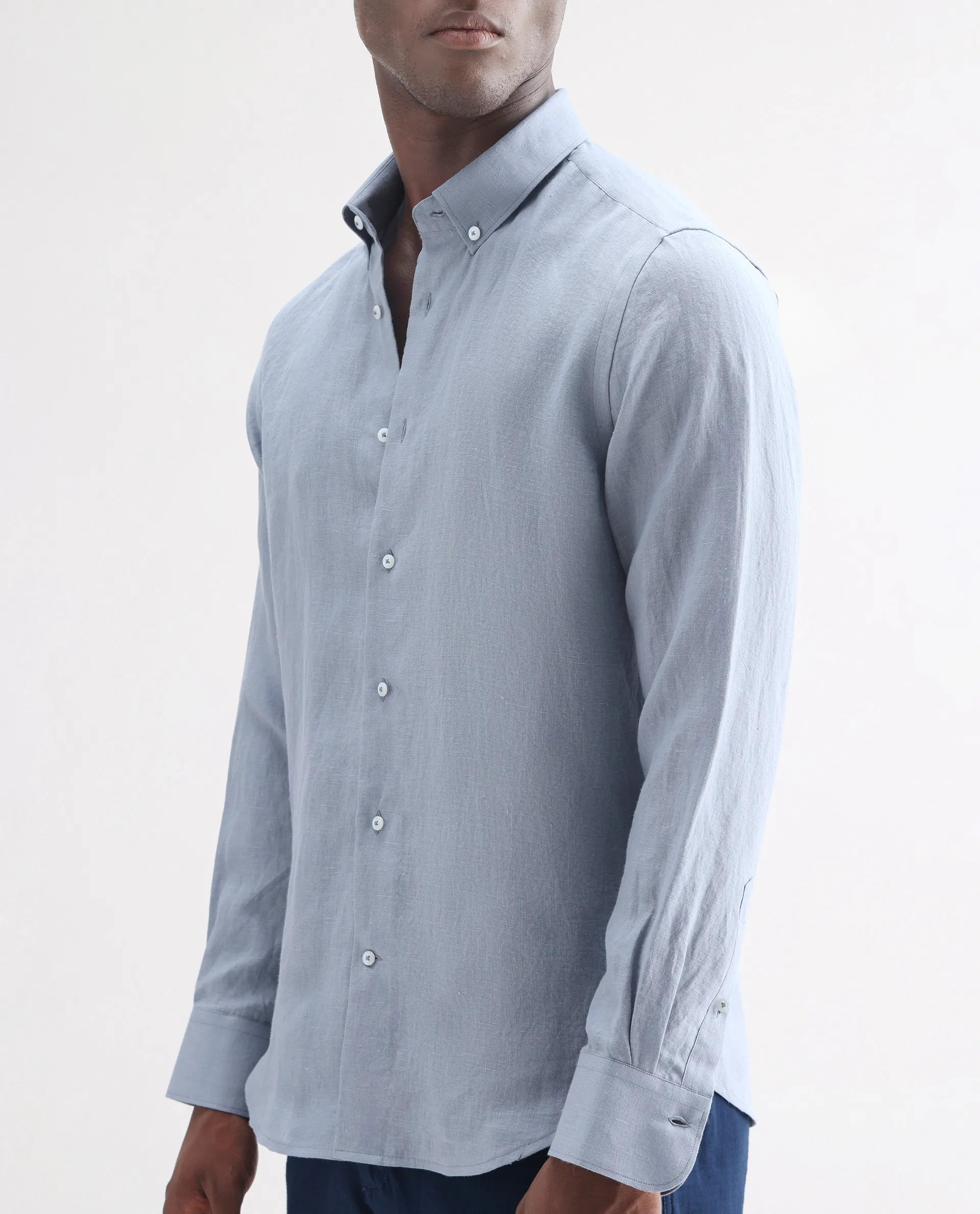 Rare Rabbit Men's Lucis Grey 100% Linen Plain Regular Fit Full Sleeve Collared Shirt