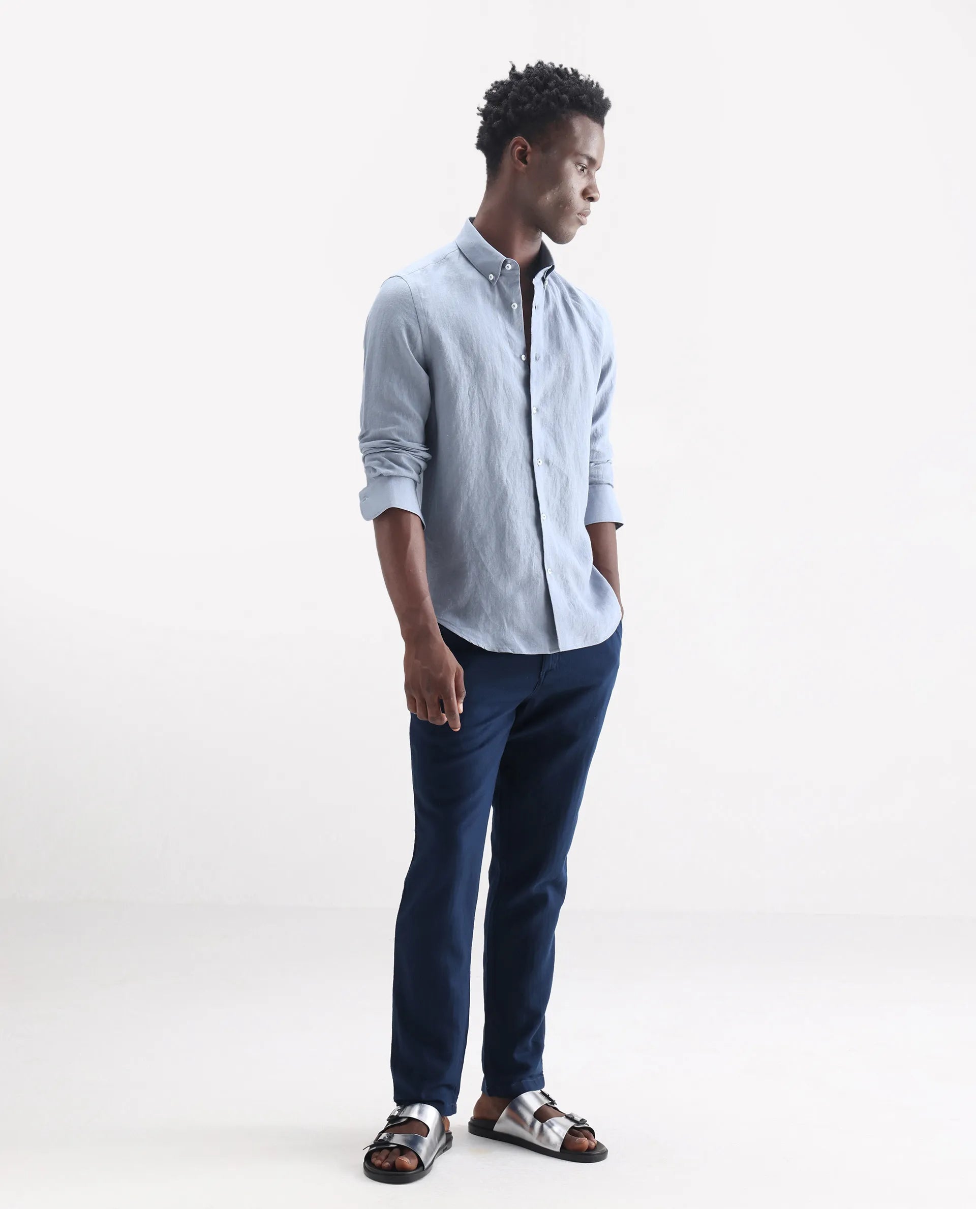 Rare Rabbit Men's Lucis Grey 100% Linen Plain Regular Fit Full Sleeve Collared Shirt