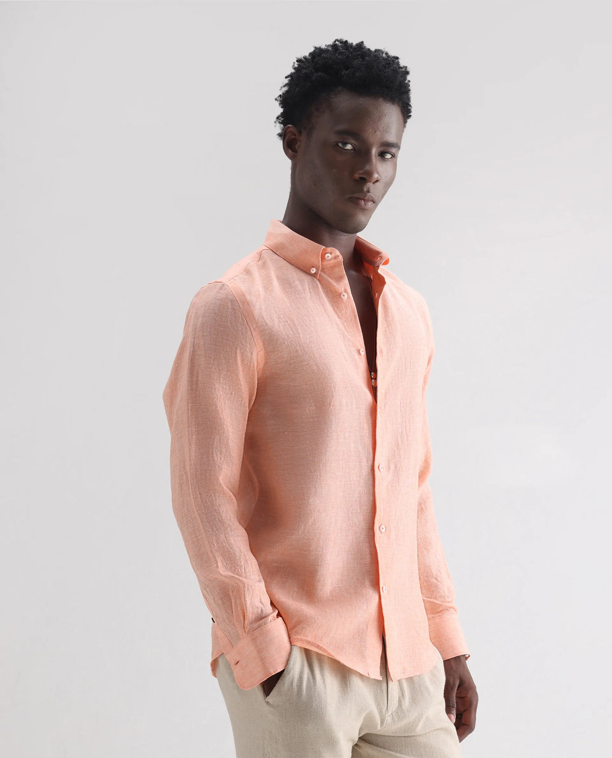Rare Rabbit Men's Lucis Light Orange 100% Linen Plain Regular Fit Full Sleeve Collared Shirt