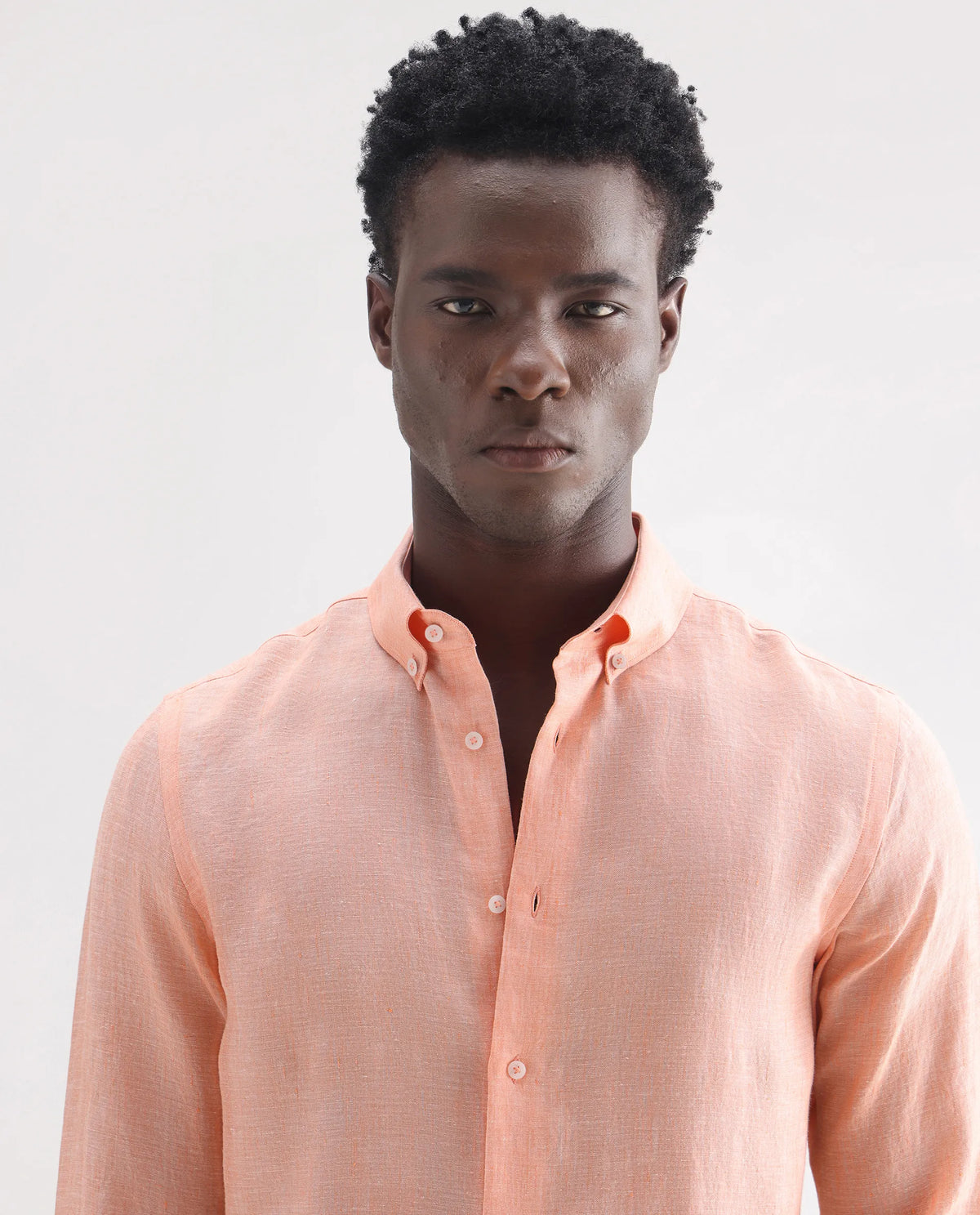 Rare Rabbit Men's Lucis Light Orange 100% Linen Plain Regular Fit Full Sleeve Collared Shirt