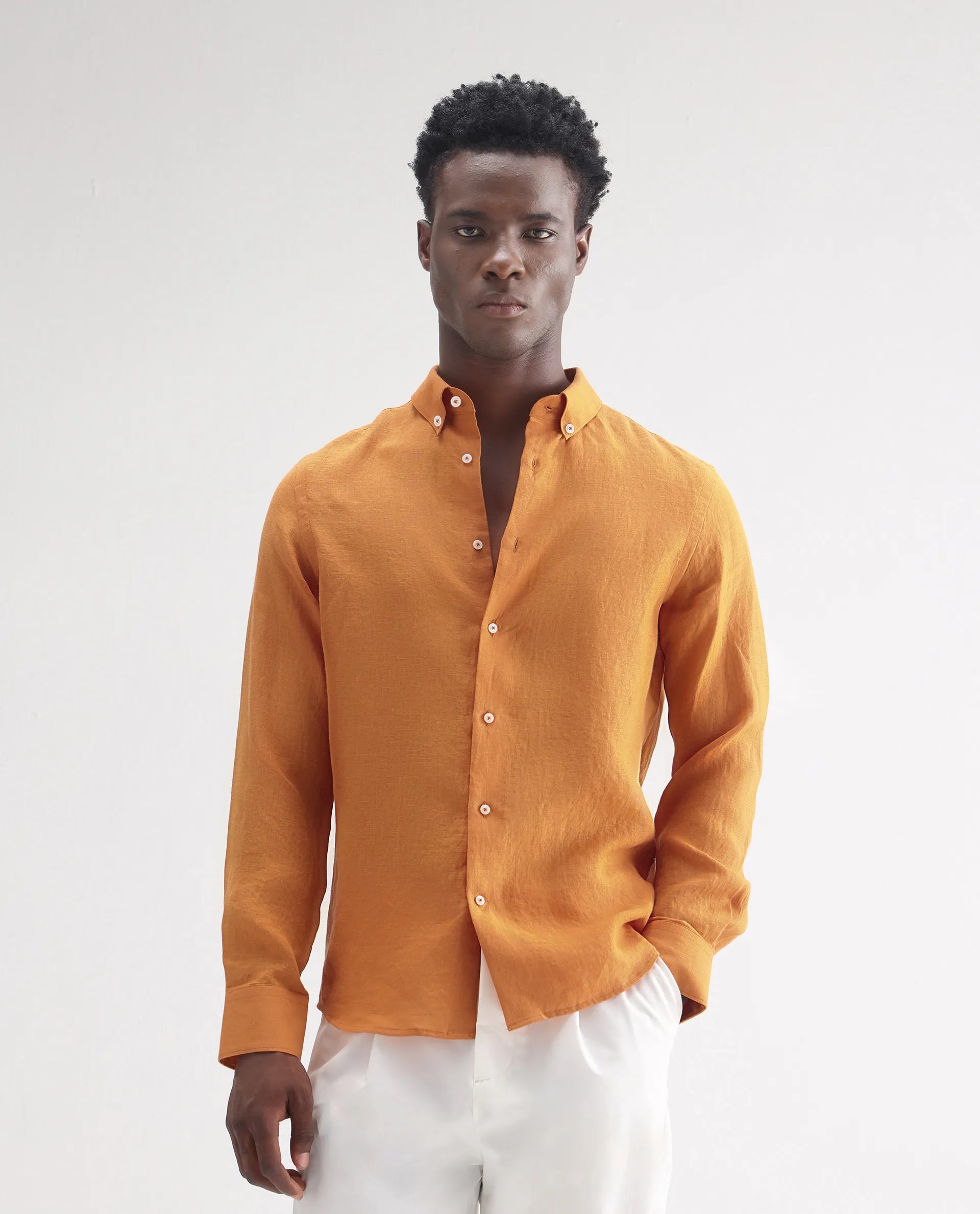 Rare Rabbit Men's Lucis Mustard 100% Linen Plain Regular Fit Full Sleeve Collared Shirt