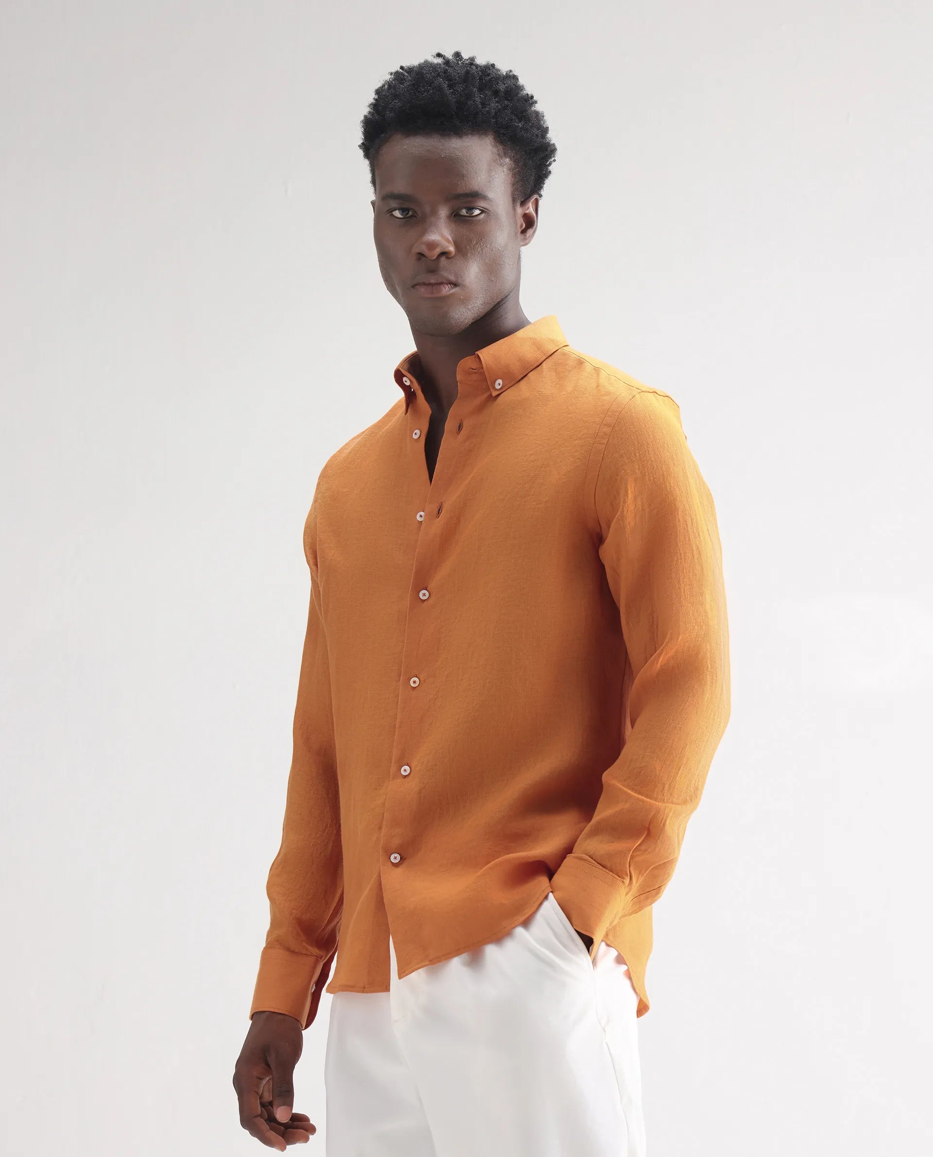 Rare Rabbit Men's Lucis Mustard 100% Linen Plain Regular Fit Full Sleeve Collared Shirt