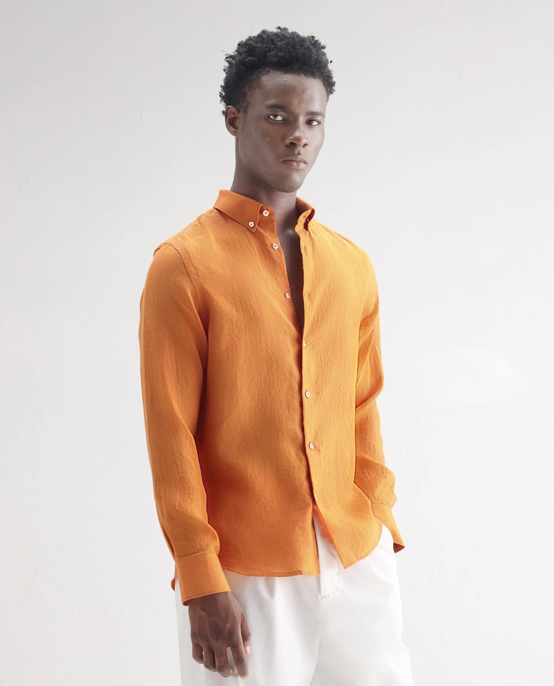 Rare Rabbit Men's Lucis Mustard 100% Linen Plain Regular Fit Full Sleeve Collared Shirt