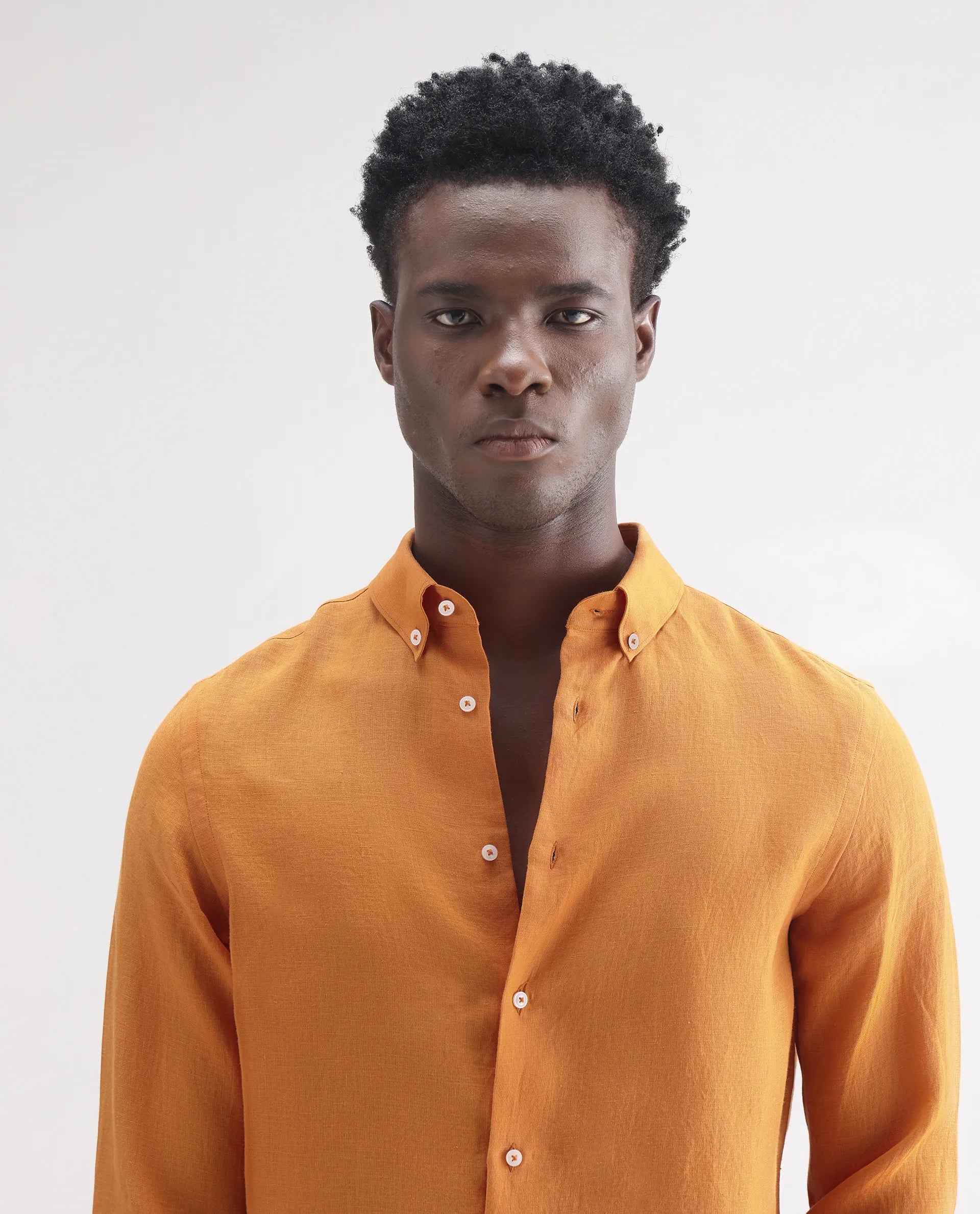 Rare Rabbit Men's Lucis Mustard 100% Linen Plain Regular Fit Full Sleeve Collared Shirt