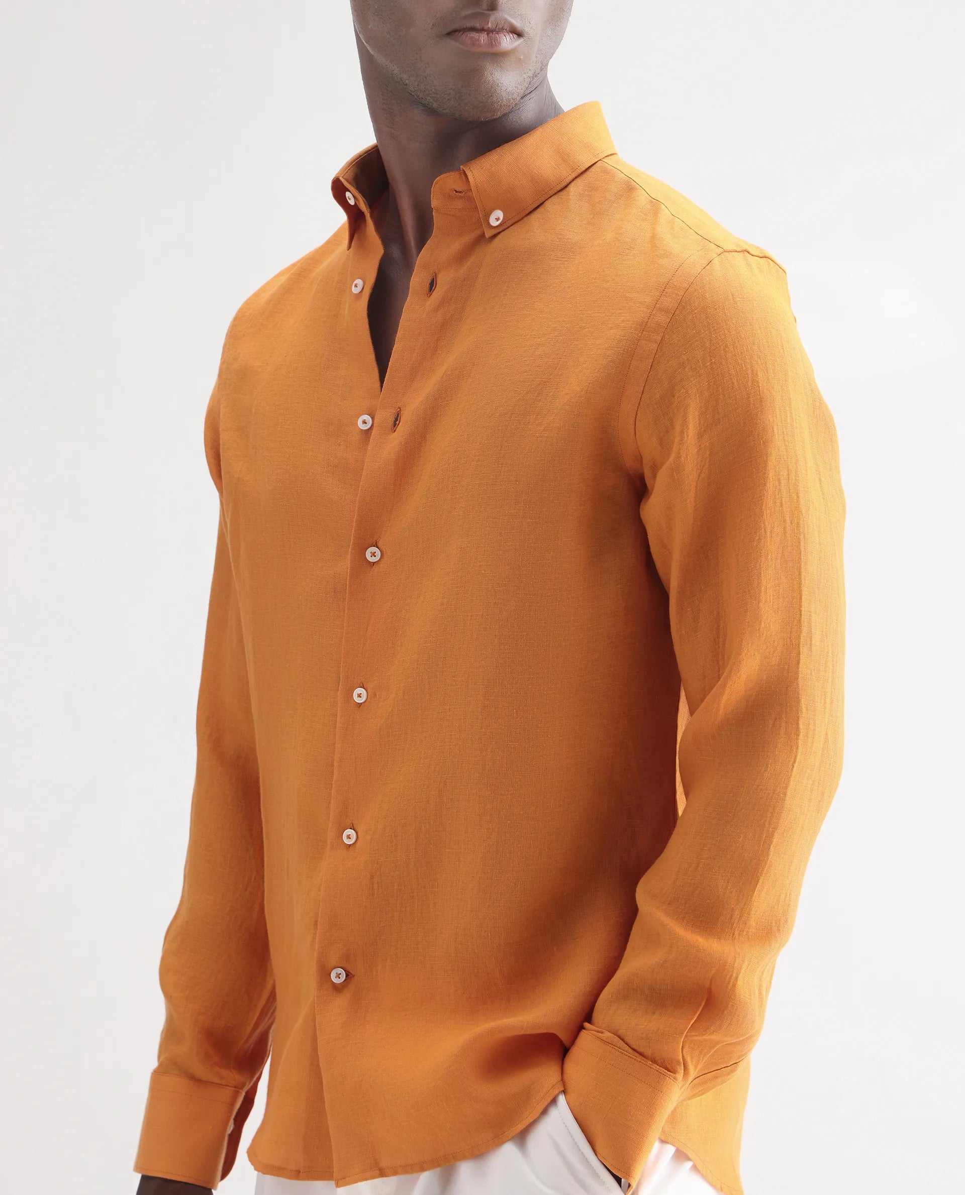 Rare Rabbit Men's Lucis Mustard 100% Linen Plain Regular Fit Full Sleeve Collared Shirt