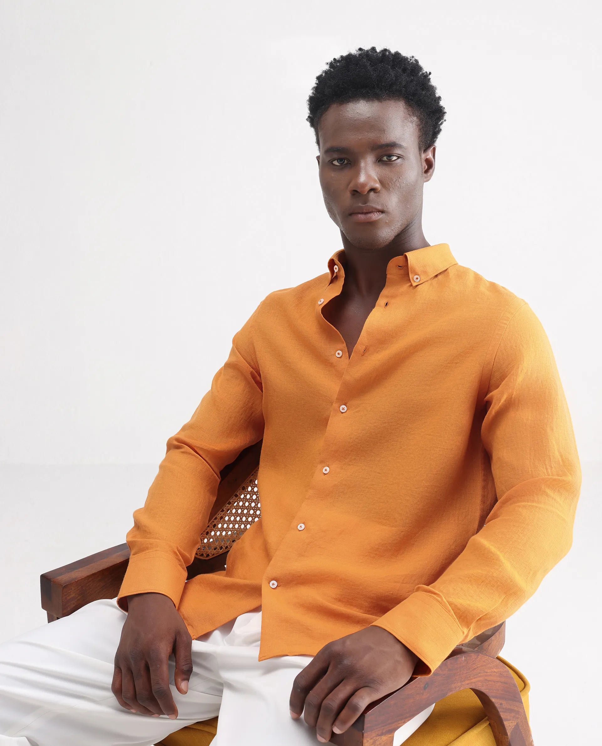 Rare Rabbit Men's Lucis Mustard 100% Linen Plain Regular Fit Full Sleeve Collared Shirt